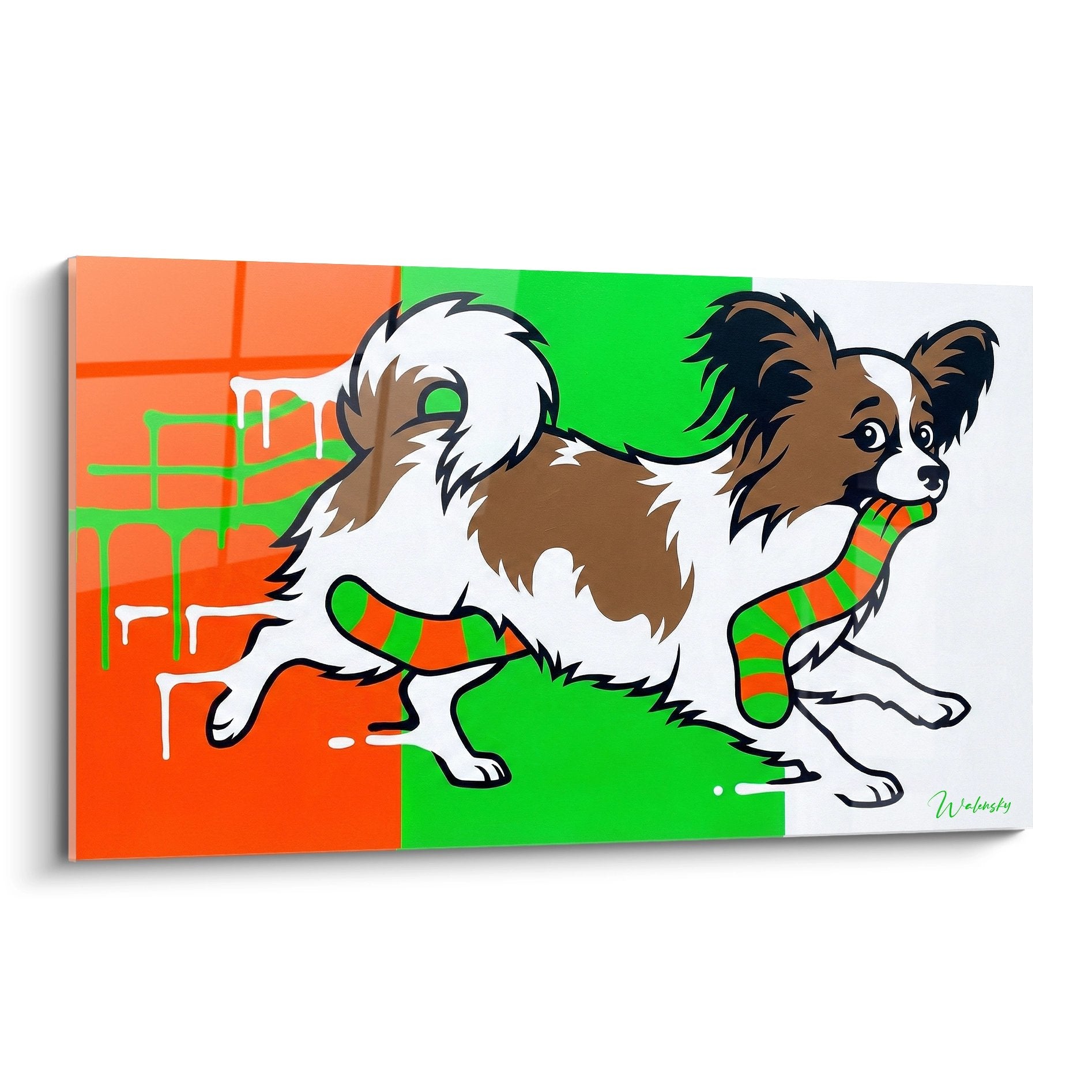 Tableau coloré chien papillon sautant avec écharpe rayée orange verte sur fond urbain moderne