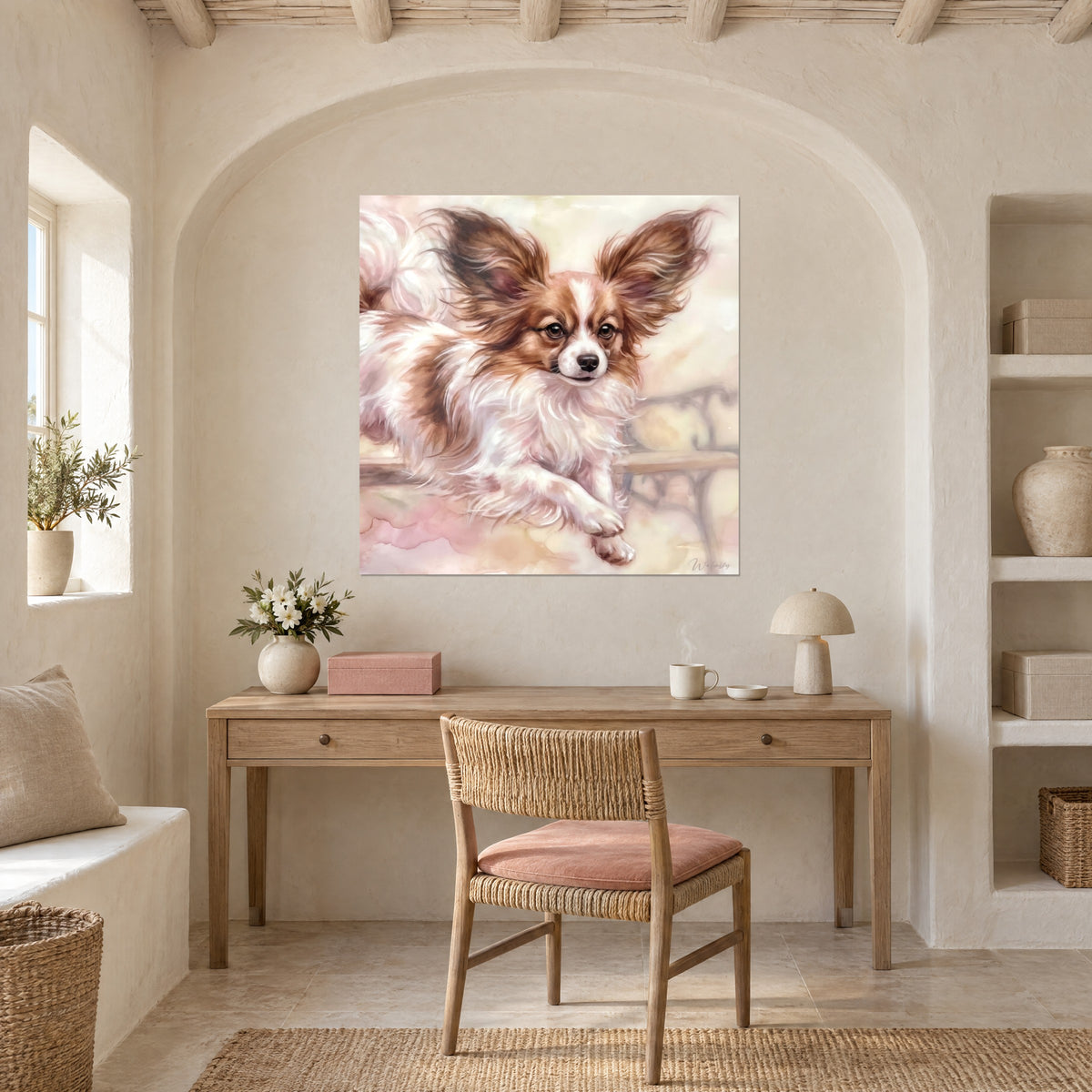 Πίνακας κουταβιού Papillon σε πλήρη καλπασμό, λευκό μουσούδι, καφέ αυτιά και ροζ παστέλ φόντο, πάνω από ξύλινο γραφείο