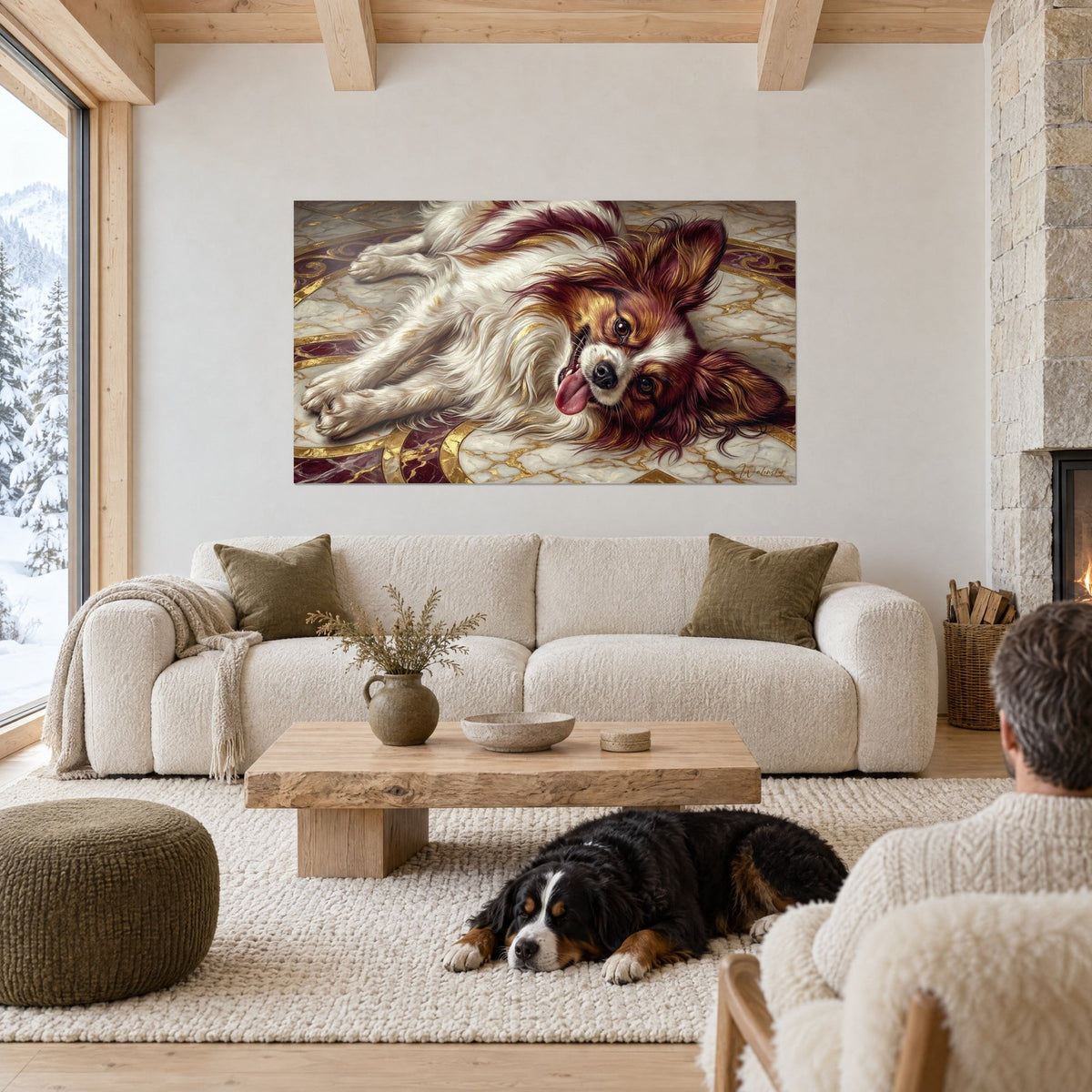 Gemälde Schmetterlingshund mit bordeauxroten und goldenen gefransten Ohren, auf Marmor liegend, ein Hund schläft, über einem Sofa in einem hellen Wohnzimmer
