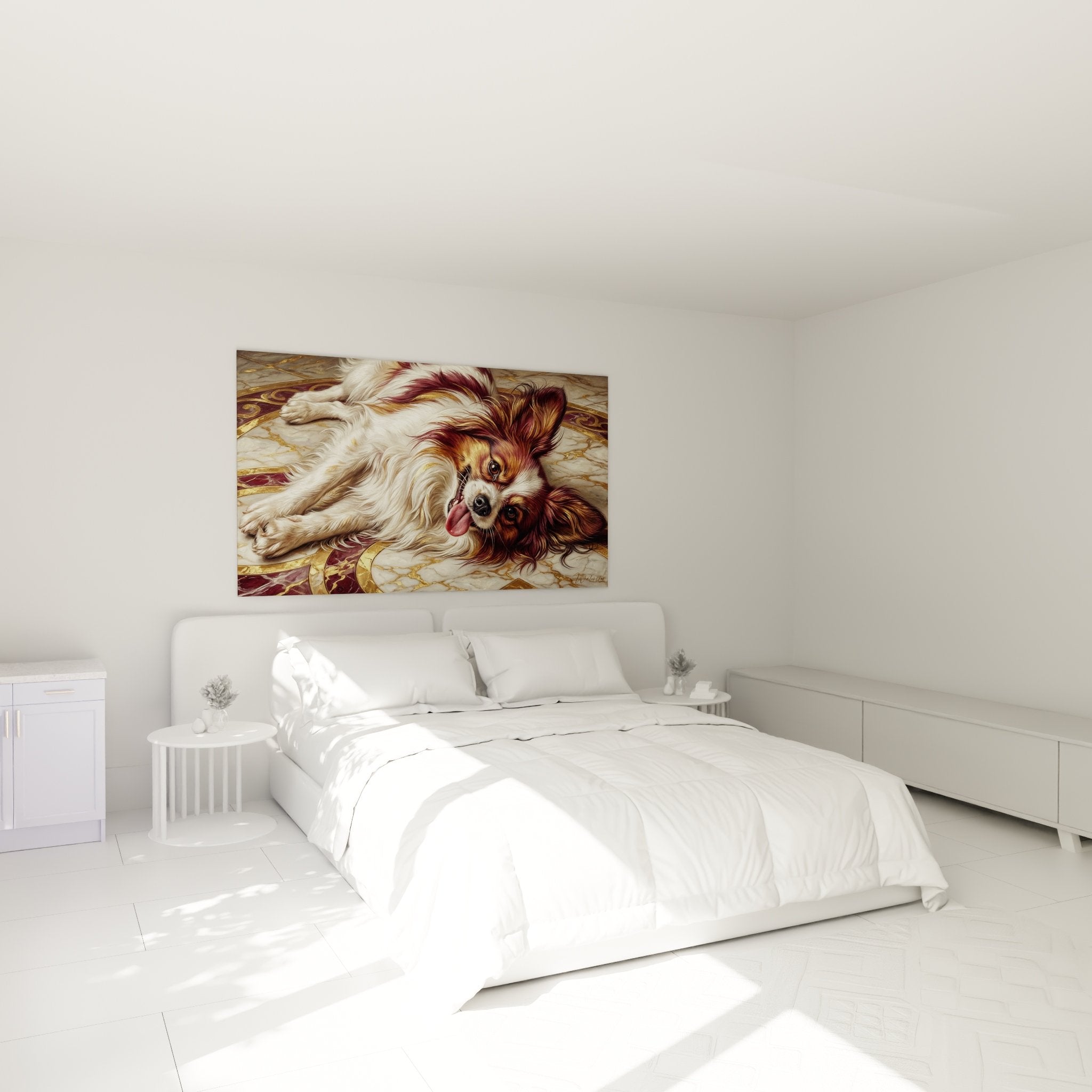 Tableau Chien Papillon tons bordeaux et or dans chambre élégante avec déco raffinée assortie