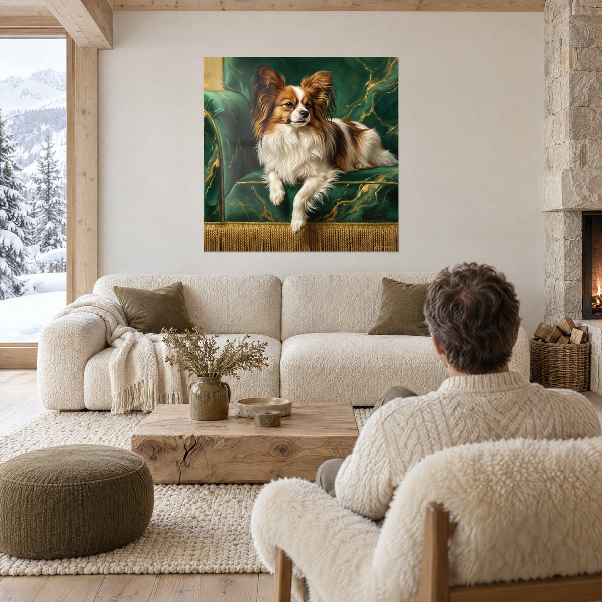 Wall art Papillon spaniel red and white on gold-green velvet armchair, seen from behind by a man, above a sofa in a bright living room