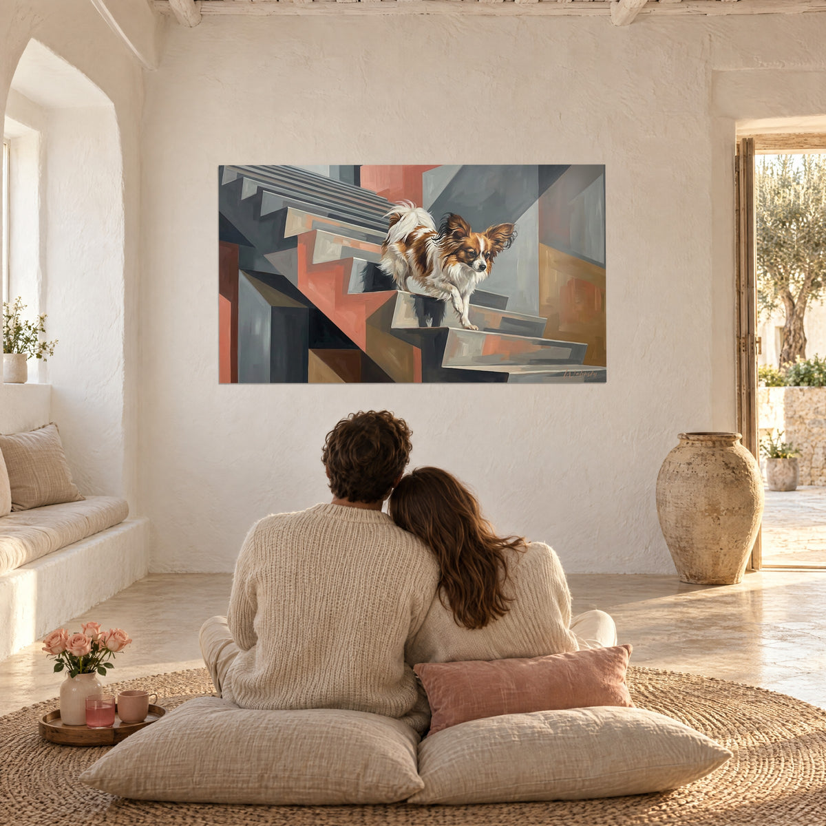 Cuadro de perro papillon posado en una escalera cubista rosa, gris y mostaza, pareja de espaldas sobre cojines beige