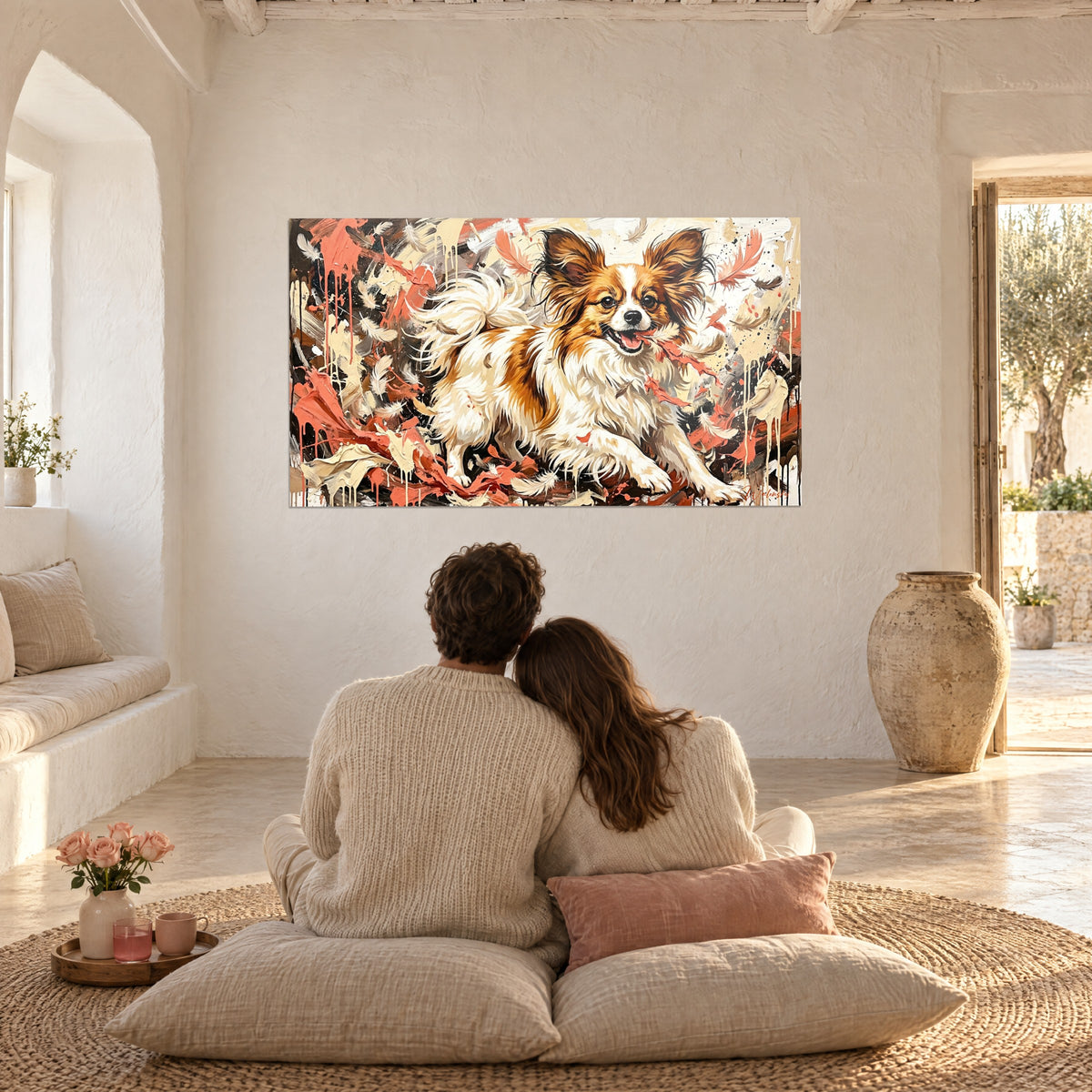 Tableau chien bondissant sur fond de peinture corail et noir, pelage blanc et caramel, face à un couple dans un salon blanc
