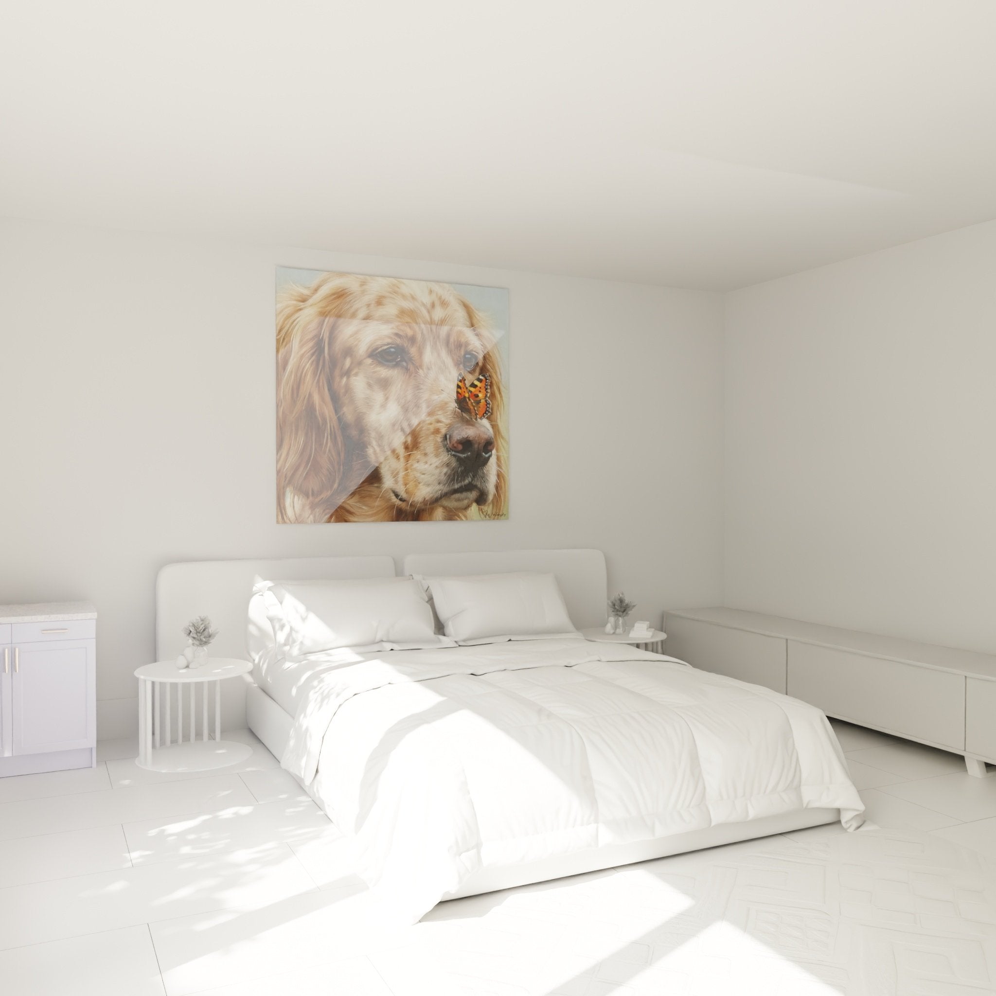 Golden dog painting with butterfly decorating modern bedroom with natural and warm tones