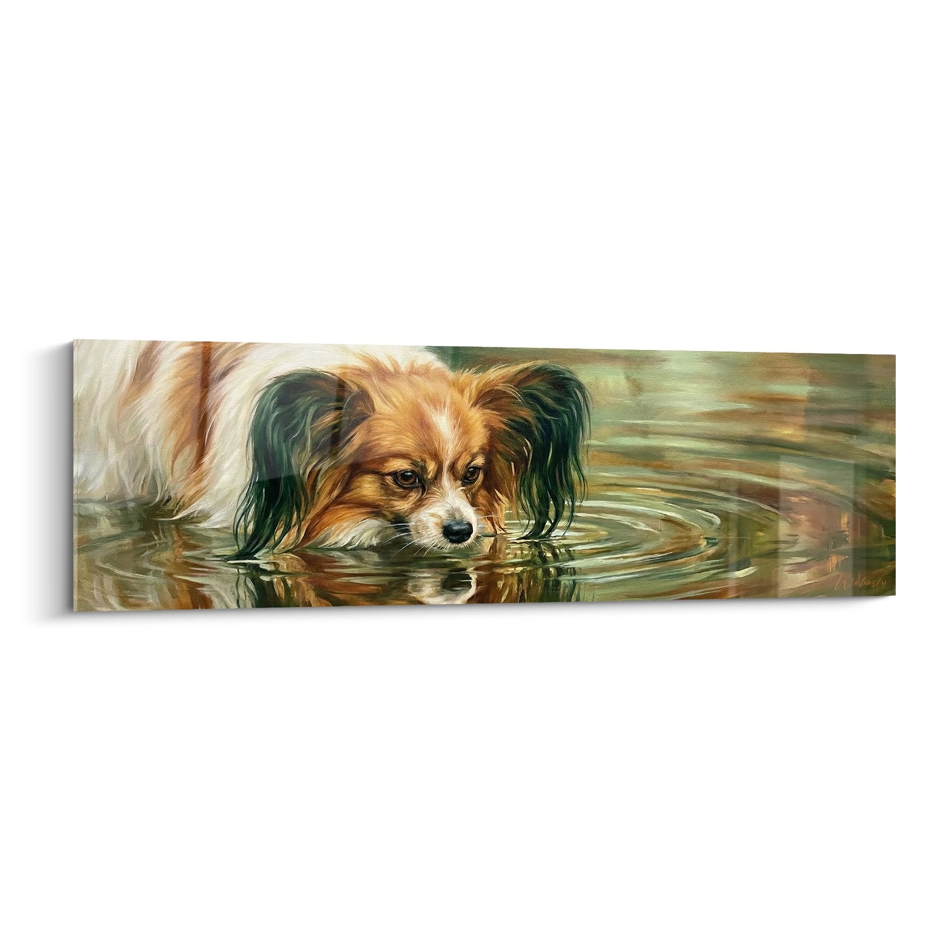 Tableau chien Papillon roux et blanc dans eau verte aux reflets dores ondulations paisibles baignade sereine