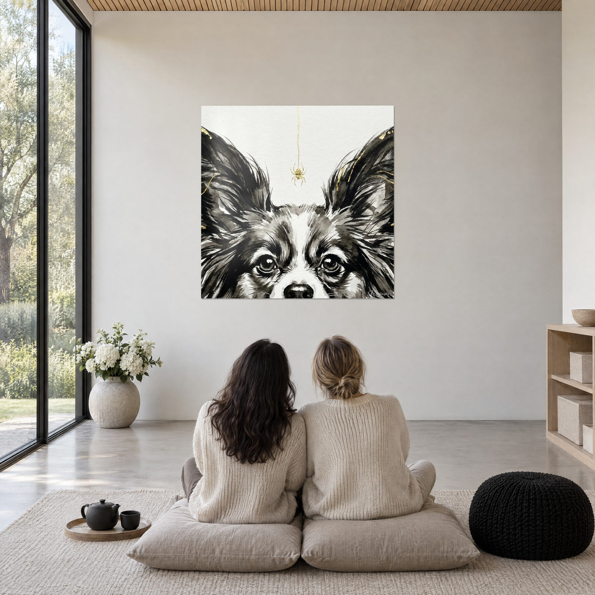 Cuadro de un perro de orejas erguidas, pelaje negro, blanco y gris, hilo y araña doradas, dos mujeres de espaldas sentadas en cojines grises en un salón