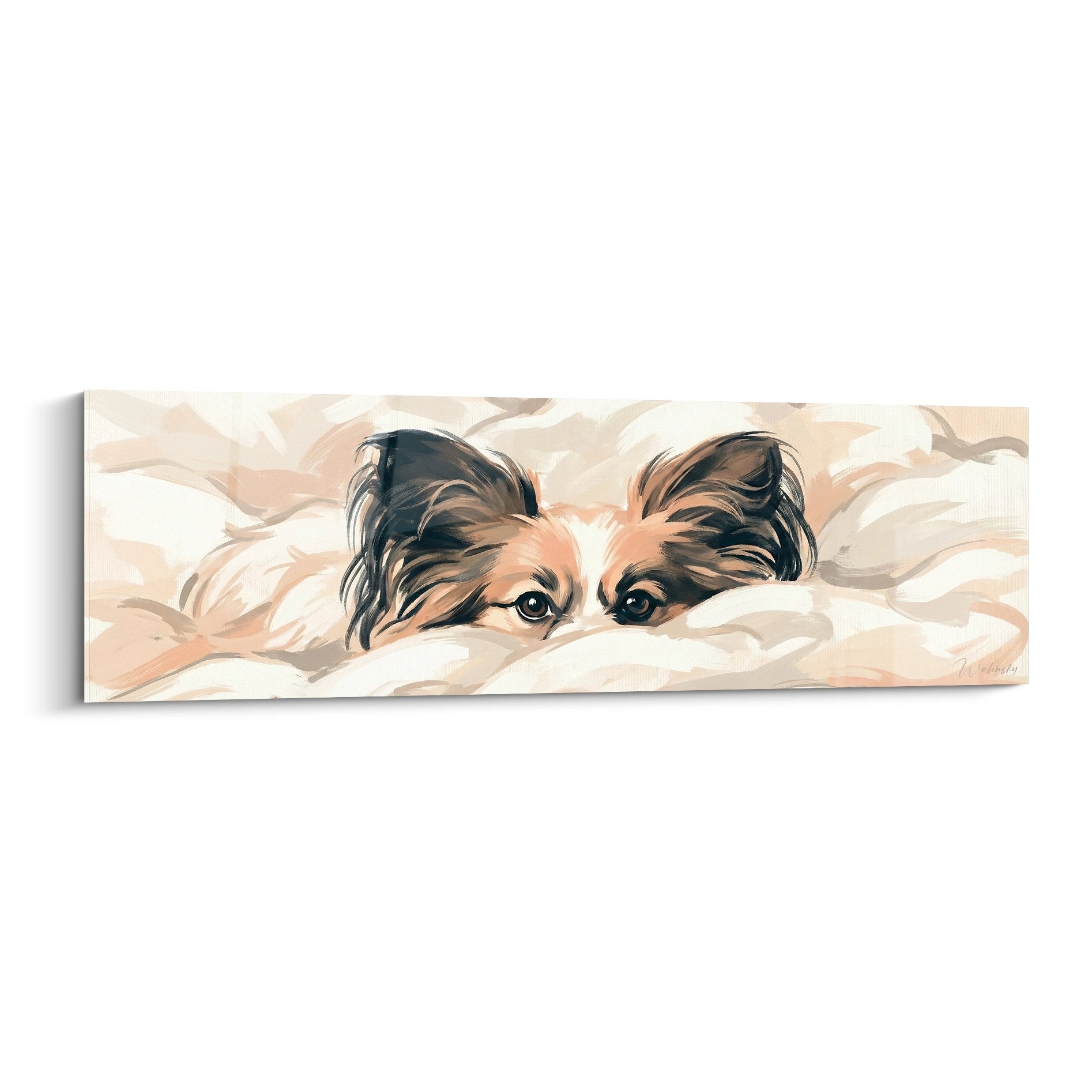 Tableau chien papillon endormi dans des draps beiges et roses, oreilles dressees, style artistique doux