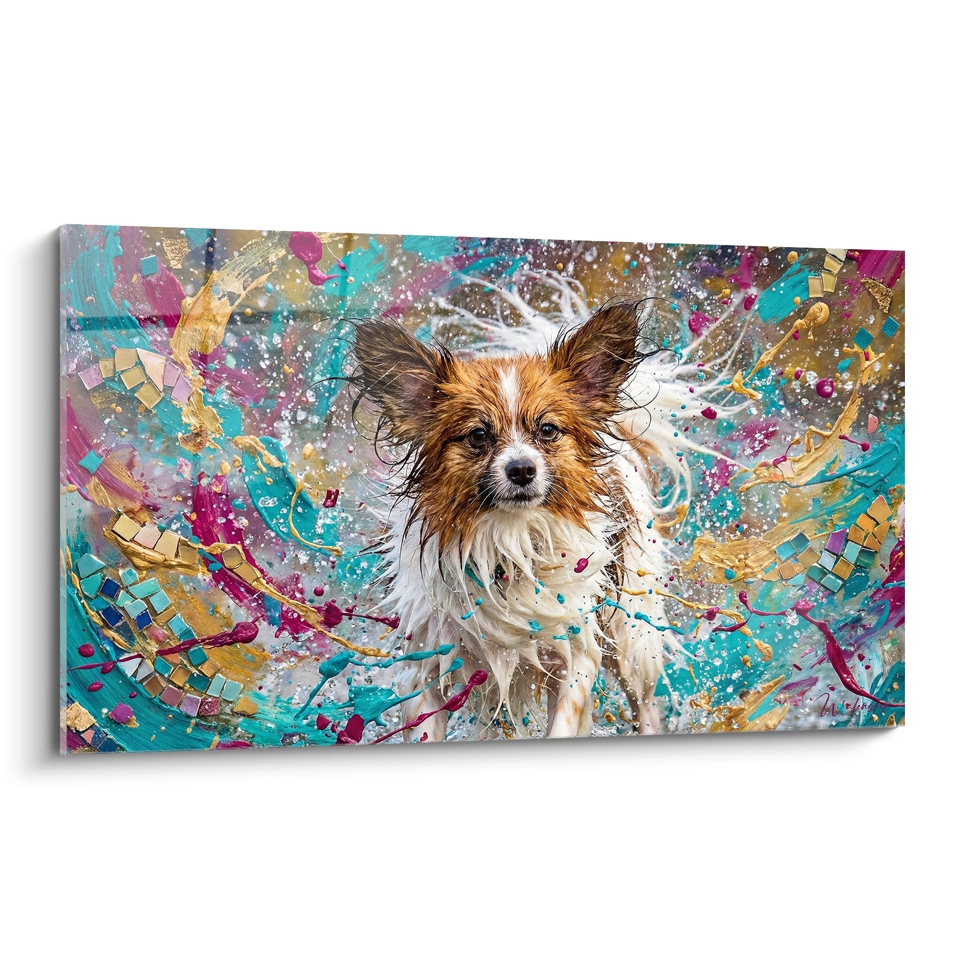 Tableau artistique chien papillon dans explosion de couleurs turquoise magenta et doré sur toile décorative