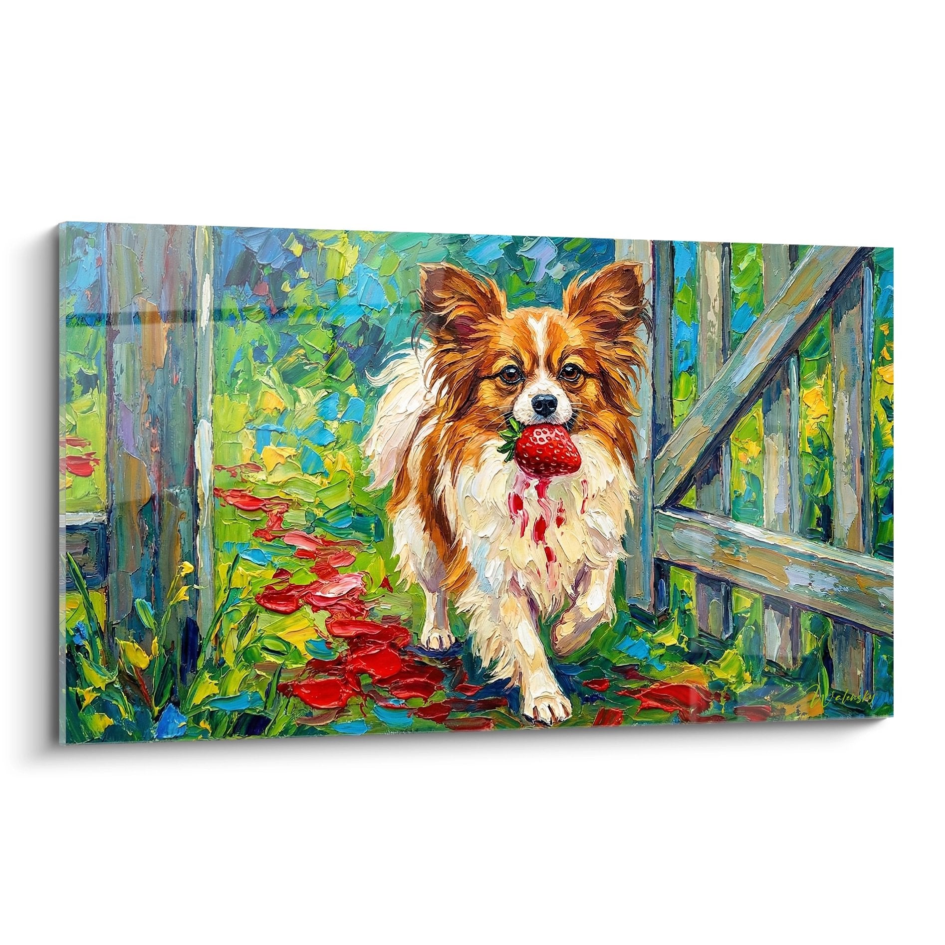 Tableau coloré d'un Chien Papillon tenant une fraise rouge sur un chemin fleuri avec barrière en bois