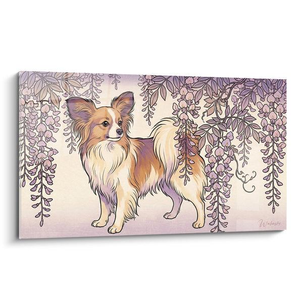 Cuadro de Perro Pájaro Elegante Bajo Glicinas Violetas - Dulzura Floral - Edición Perro Pájaro