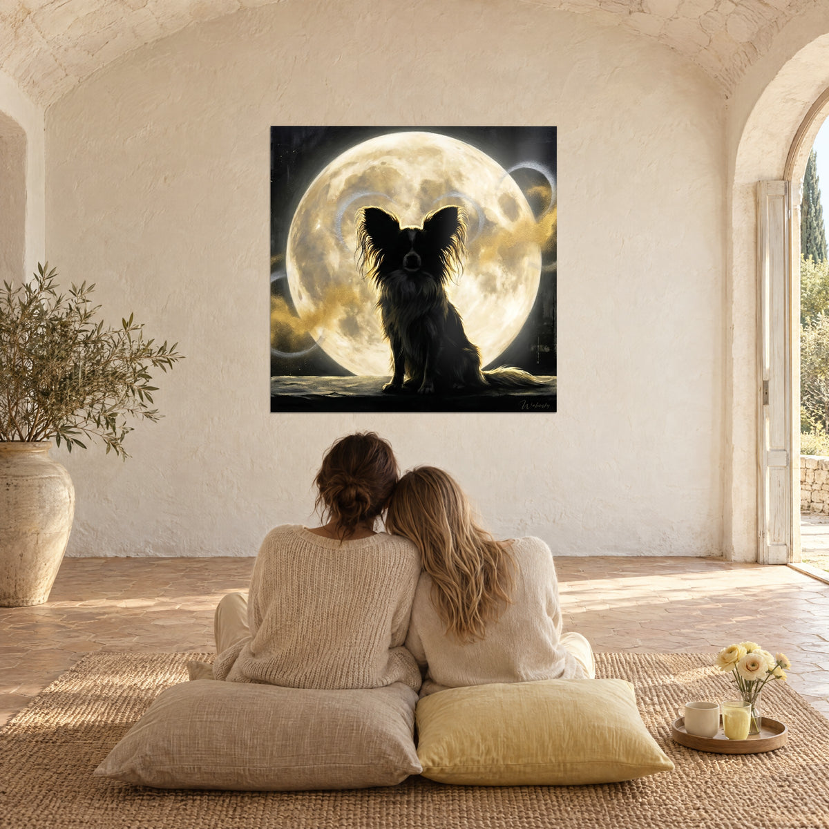 Gemälde schwarzer Hund im Mondprofil, cremefarbener und gelber Halo, silberne Spiralen, zwei Frauen von hinten auf beigen Kissen sitzend in einem Landhaus