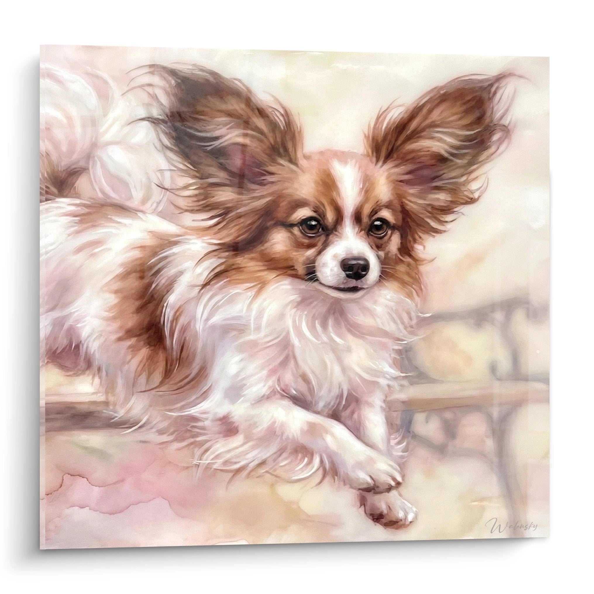 Tableau artistique Chien Papillon en mouvement aux oreilles flottantes, tons dorés et blancs, style pictural tendre
