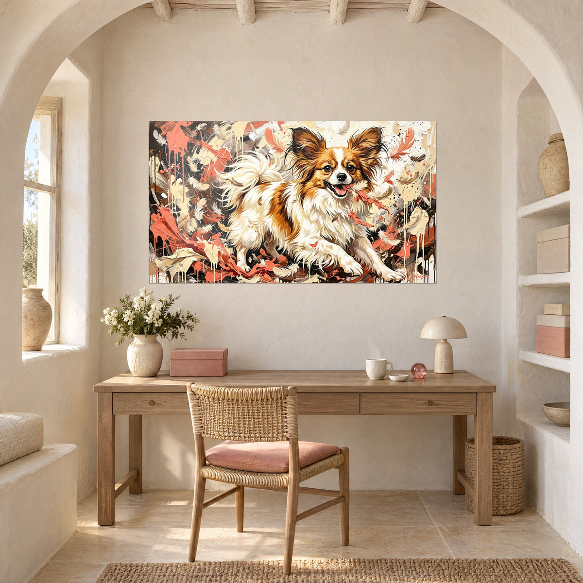 Tableau toutou aux grandes oreilles frangées dans un nuage de plumes orangées et crème, au-dessus d'un bureau en bois clair