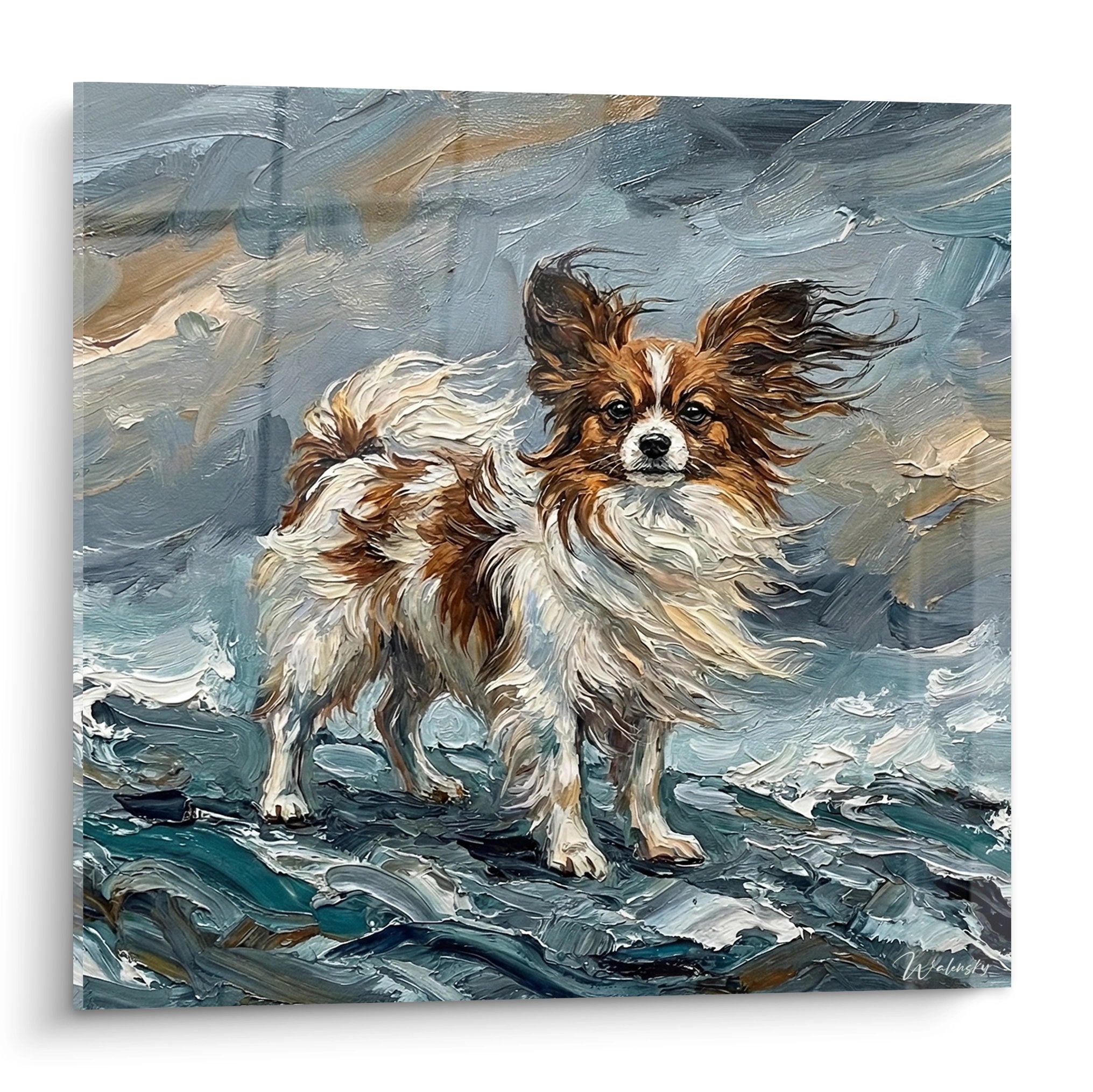 Tableau peinture Chien Papillon aux oreilles flottant dans le vent, tons gris-bleu océanique, pelage tricolore expressif