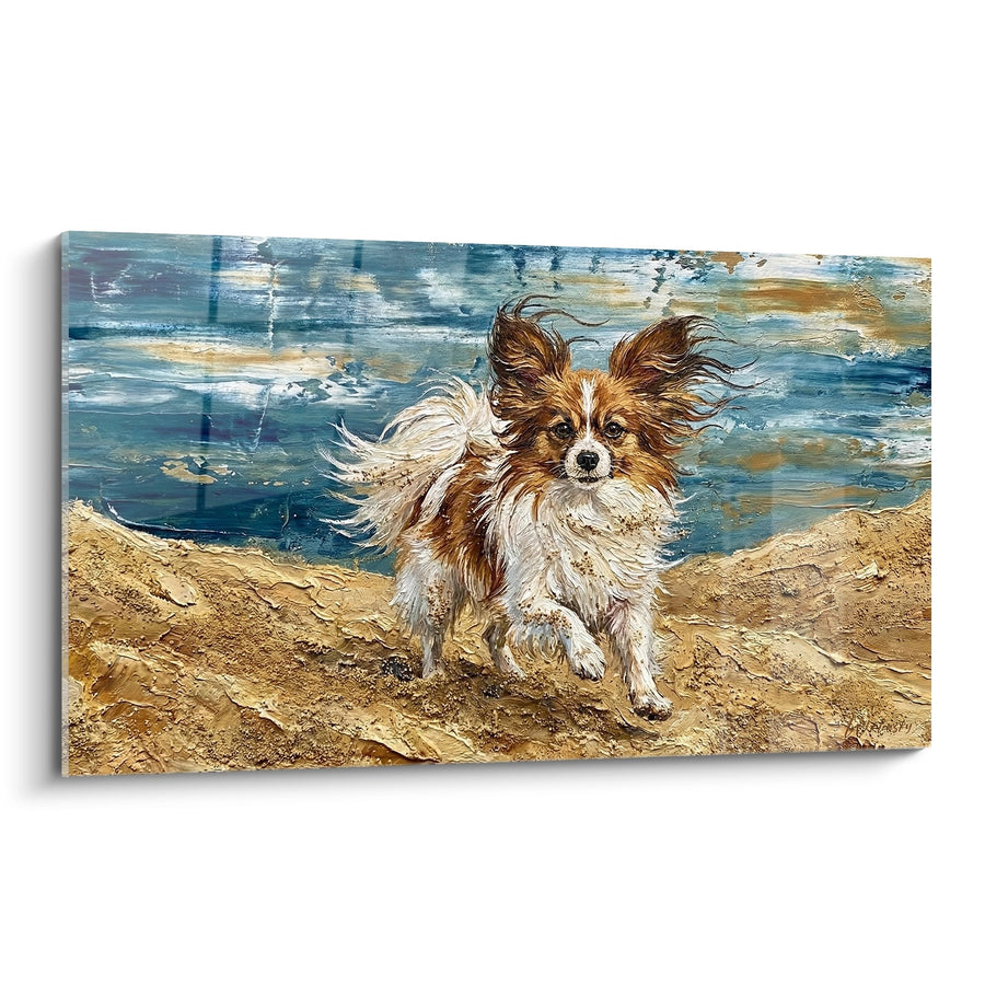 Tableau Chien aux Oreilles Papillon Courant sur la Plage - Éclat de Liberté - Edition Chien Papillon