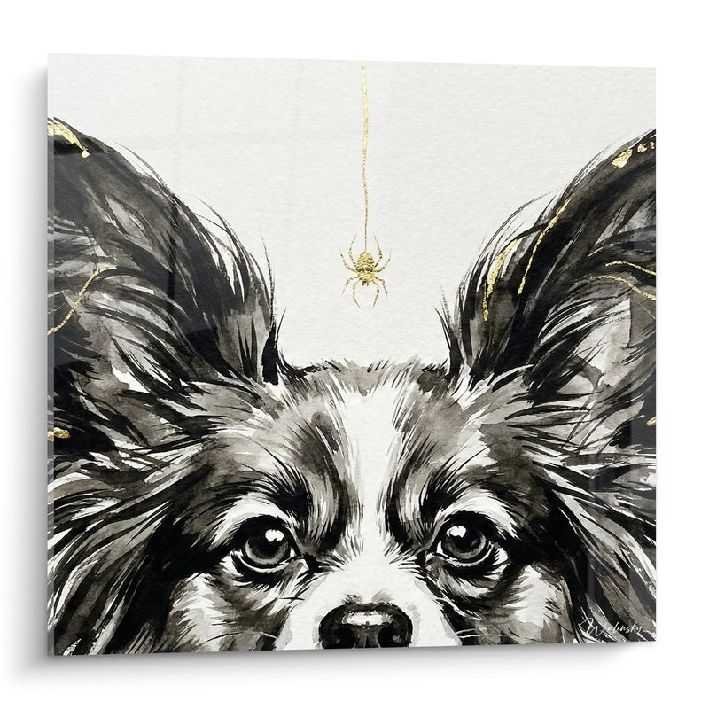 Dog Portrait Painting with Pointed Ears and Golden Spider - Piercing Gaze - Papillon Dog Edition