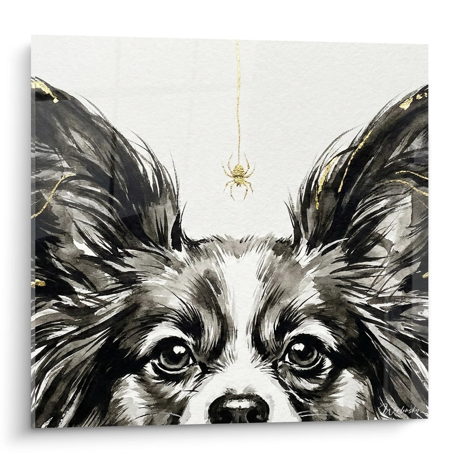 Tableau Portrait Chien aux Oreilles Dressées et Araignée Dorée - Regard Perçant - Edition Chien Papillon