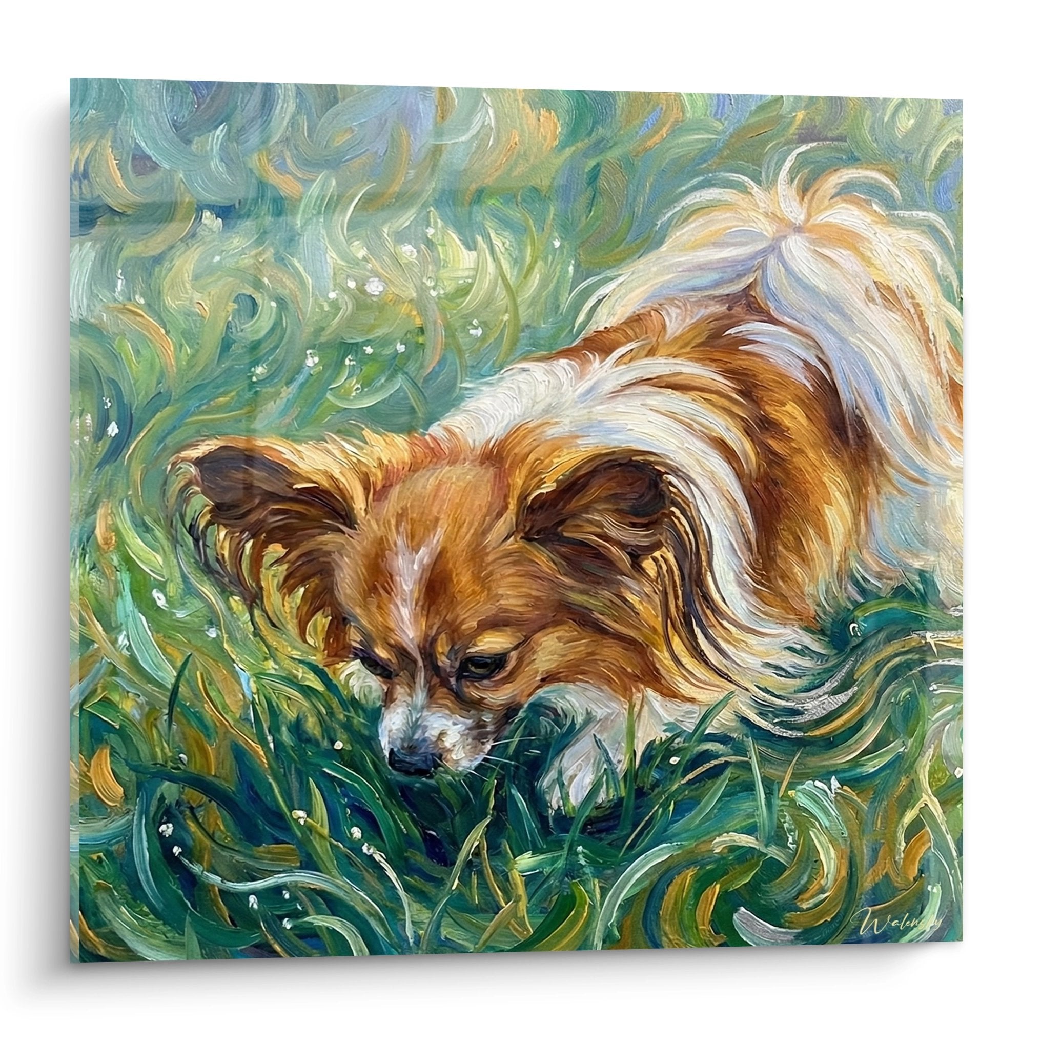 Tableau chien Papillon roux explorant herbe tourbillonnante style artistique expressif tons verts