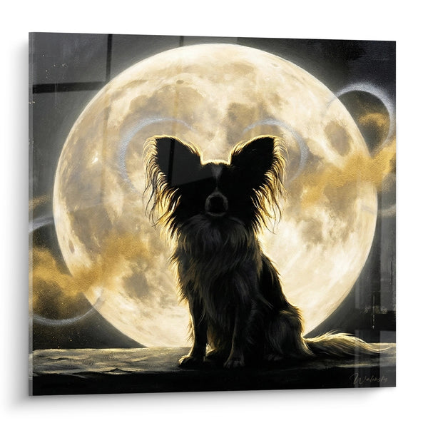 Tableau Chien Papillon Silhouette Nocturne Face à la Pleine Lune - Mystère Lunaire - Edition Chien Papillon