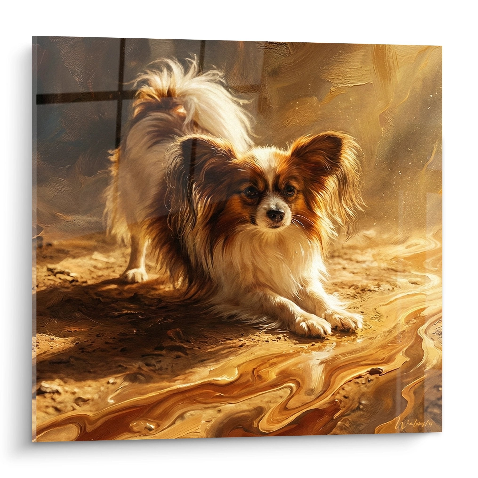 Tableau chien papillon tons dorés lumière chaude intérieur cosy art mural décoratif
