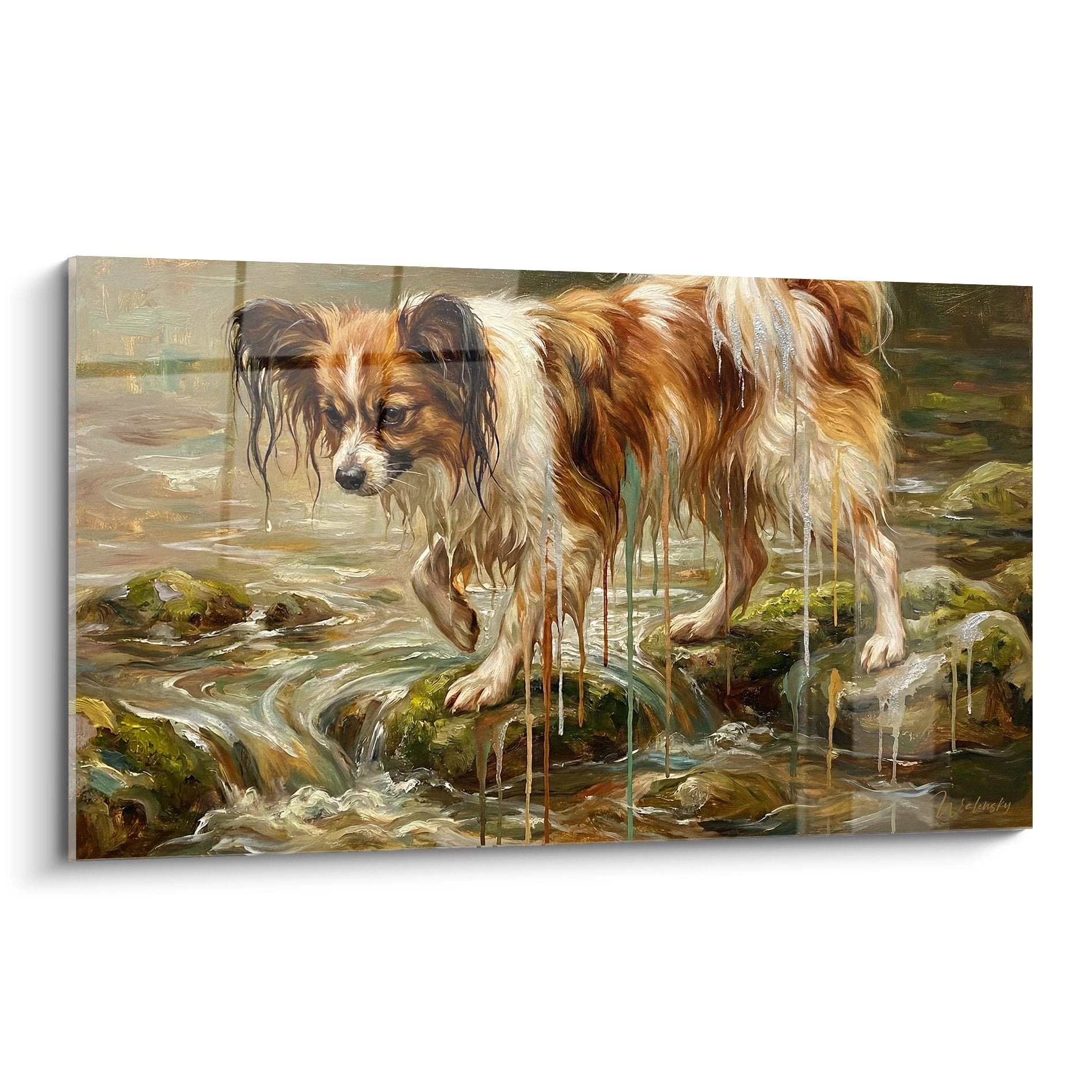 Tableau aquarelle Chien Papillon trempé dans ruisseau aux tons roux et dorés sur fond naturel