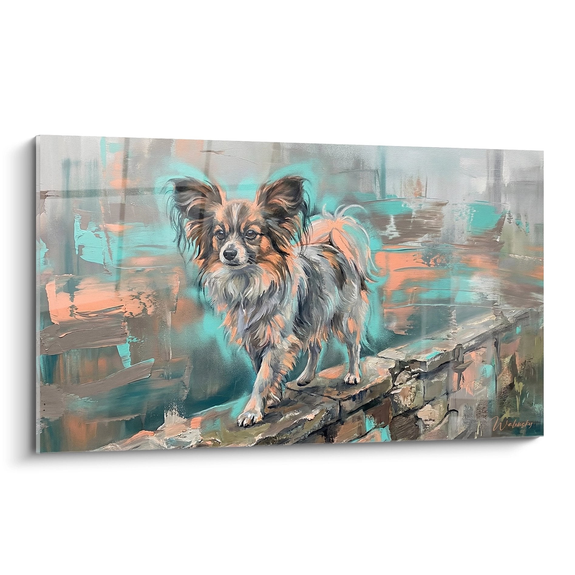 Tableau artistique chien Papillon aux tons turquoise et corail sur fond abstrait moderne