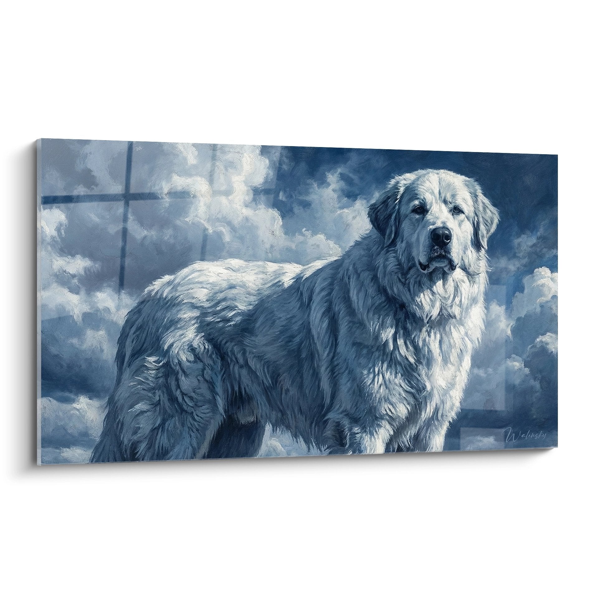 Tableau chien Patou des Pyrénées pelage blanc et gris sur fond ciel orageux bleu, art animalier montagnard