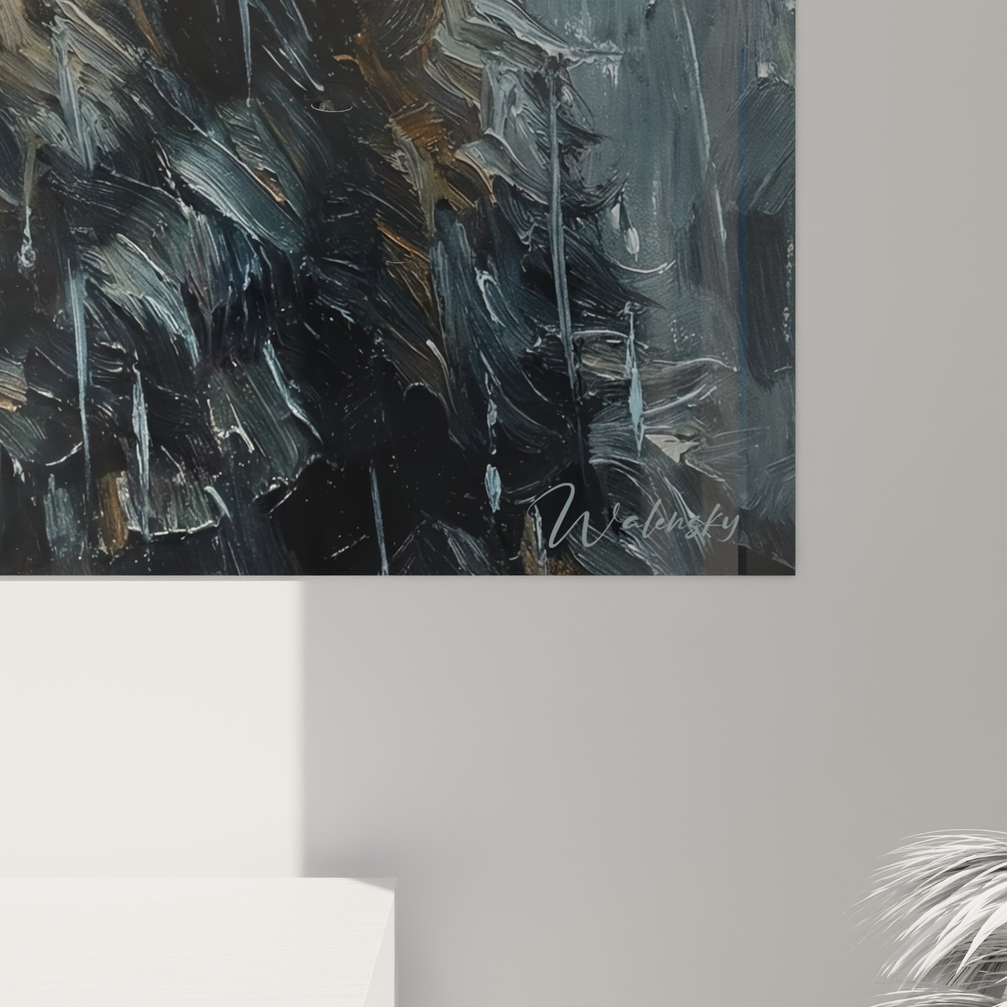 Vue d'ensemble du tableau chien sous la pluie dans un intérieur contemporain