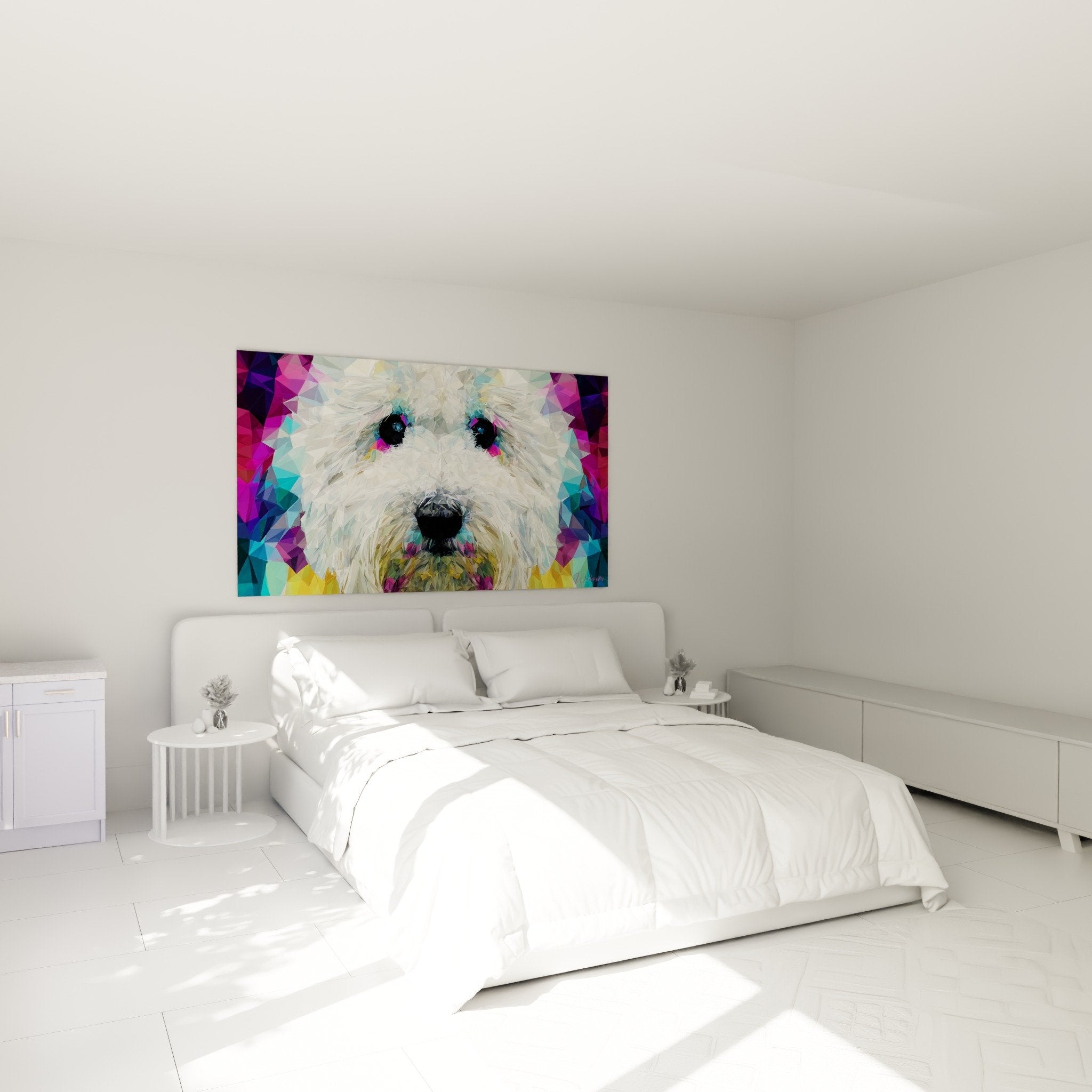 Tableau art moderne Coton de Tuléar polygonal dans chambre contemporaine aux murs blancs