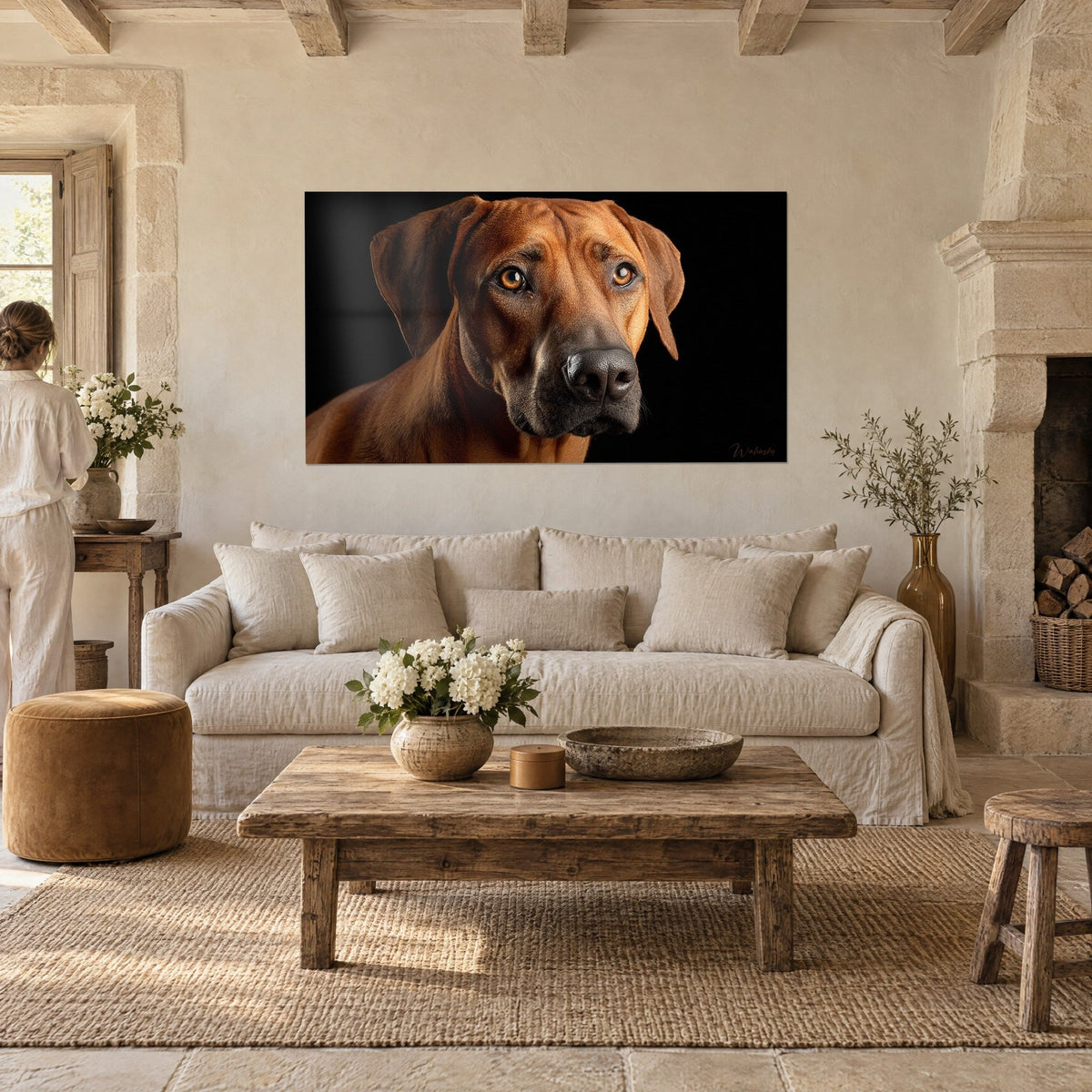 Gemälde Rhodesian Ridgeback mit bernsteinfarbenen Augen, lohfarbenes Fell auf schwarzem Hintergrund, über einem Sofa in einem hellen Wohnzimmer