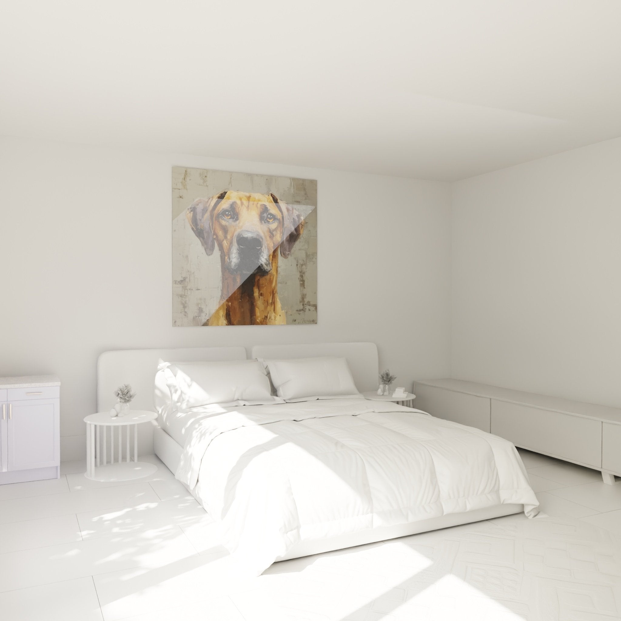 Tableau portrait chien Rhodesian Ridgeback dans chambre moderne aux murs clairs et mobilier contemporain
