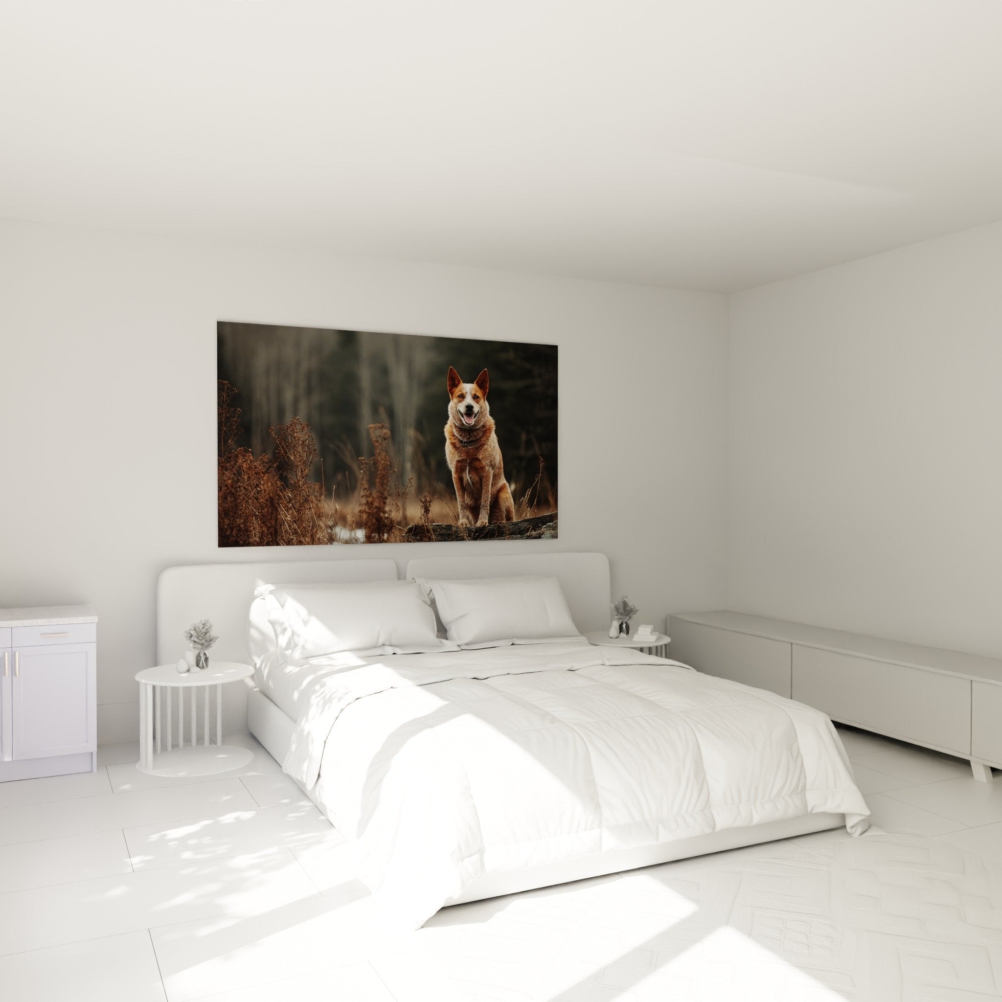 Tableau chien Australian Cattle Dog tons roux dore dans chambre ambiance cosy naturelle mur beige