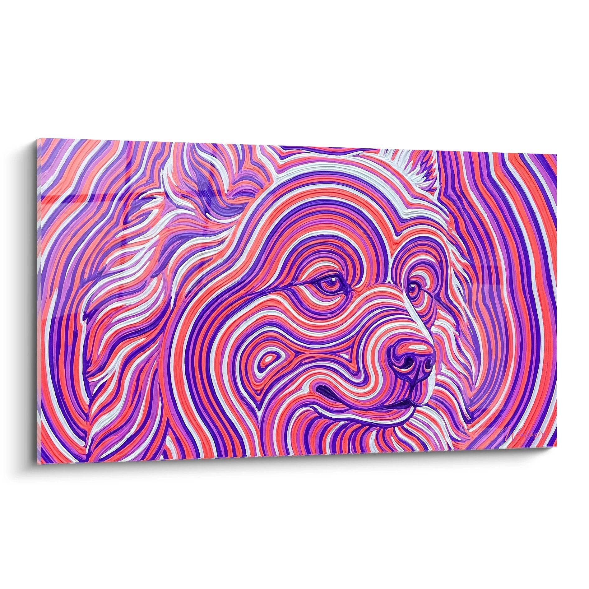 Tableau moderne chien Samoyède en spirales psychédéliques violettes et roses sur toile