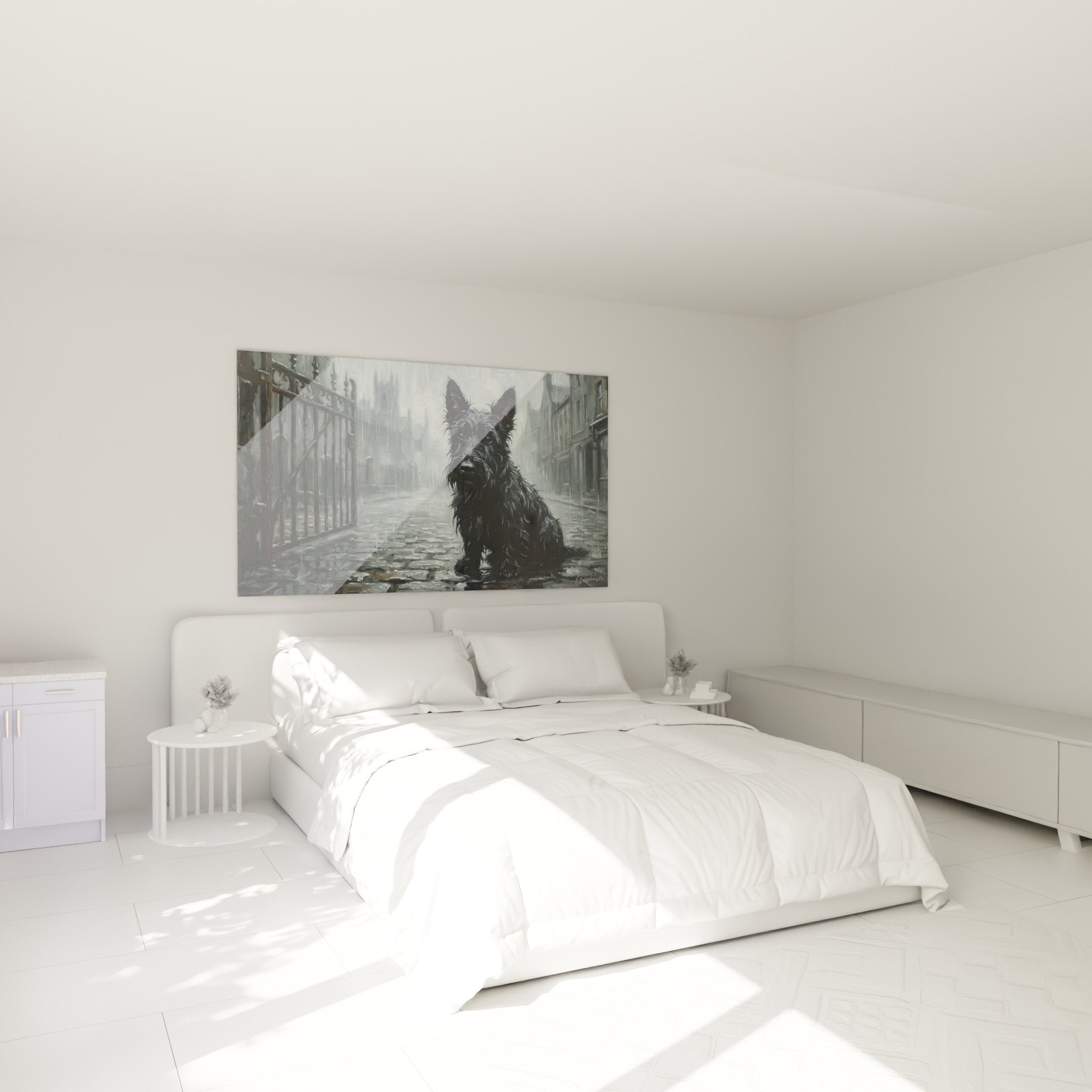 Tableau Scottish Terrier sous la pluie accroché au-dessus d'un lit dans chambre moderne