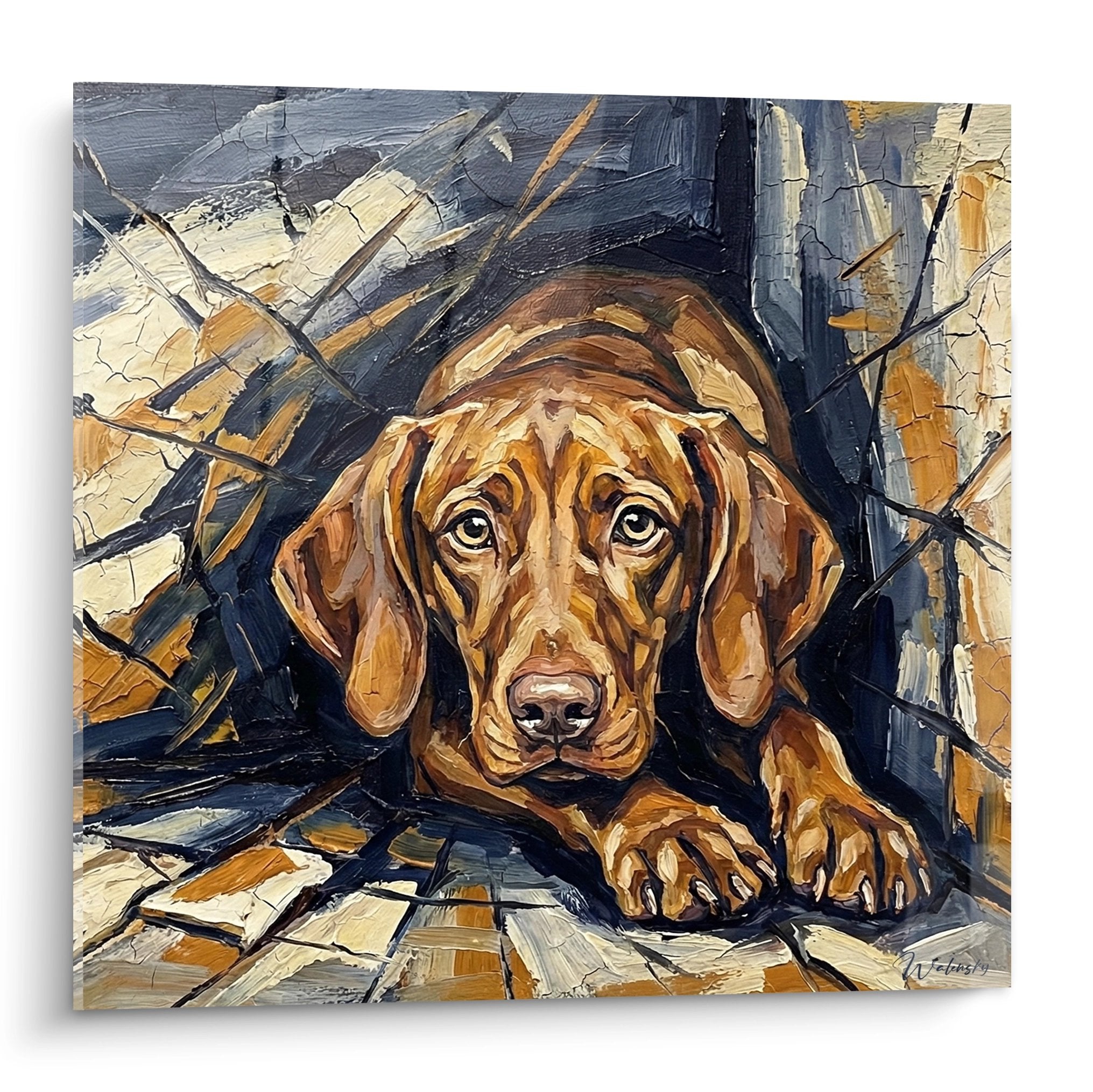 Tableau peinture chien vizsla marron yeux dores position couchee style empâtement decoration murale