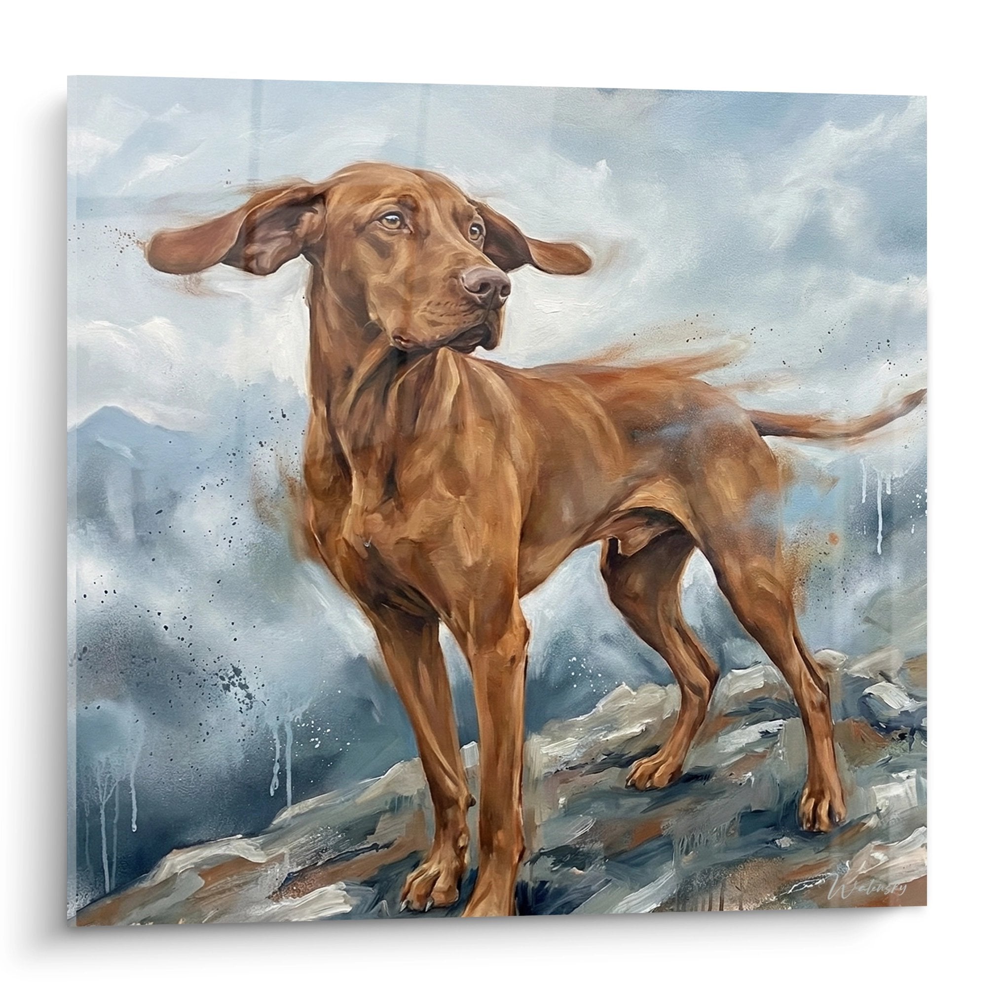 Tableau peinture chien Vizsla roux en mouvement sur rochers gris, style artistique dynamique tons cuivrés