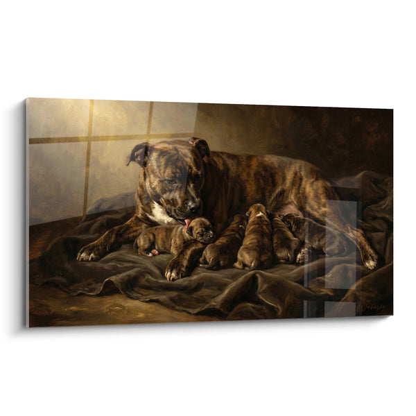 Schilderij van een Teef en Haar Puppies in Rust - Moederlijke Tederheid - Staffordshire Bulle Terrier Editie