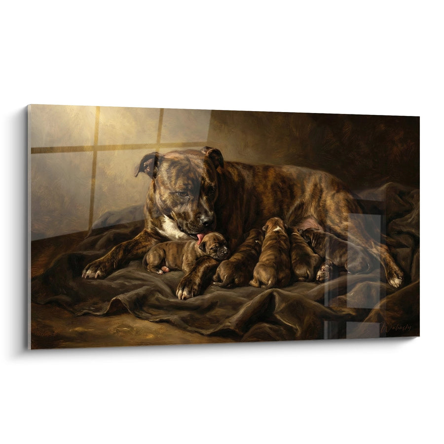 Schilderij van een Teef en Haar Puppies in Rust - Moederlijke Tederheid - Staffordshire Bulle Terrier Editie