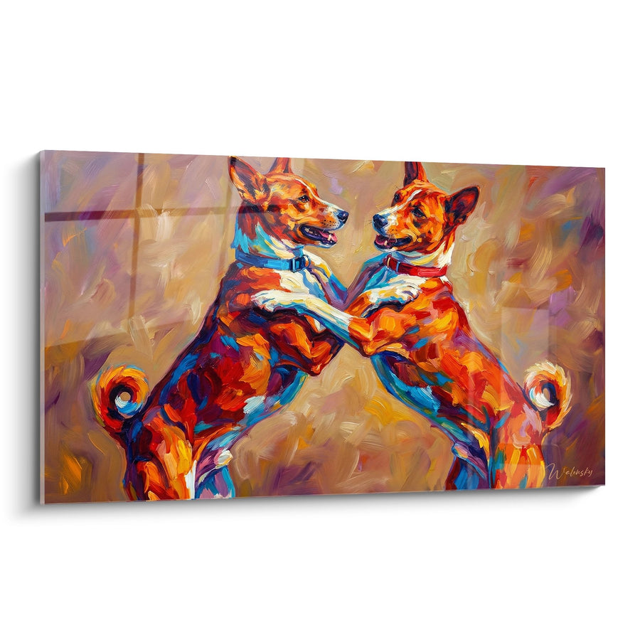 Tableau Deux Chiens aux Couleurs Éclatantes qui se Dressent - Complicité Canine - Edition Basenji