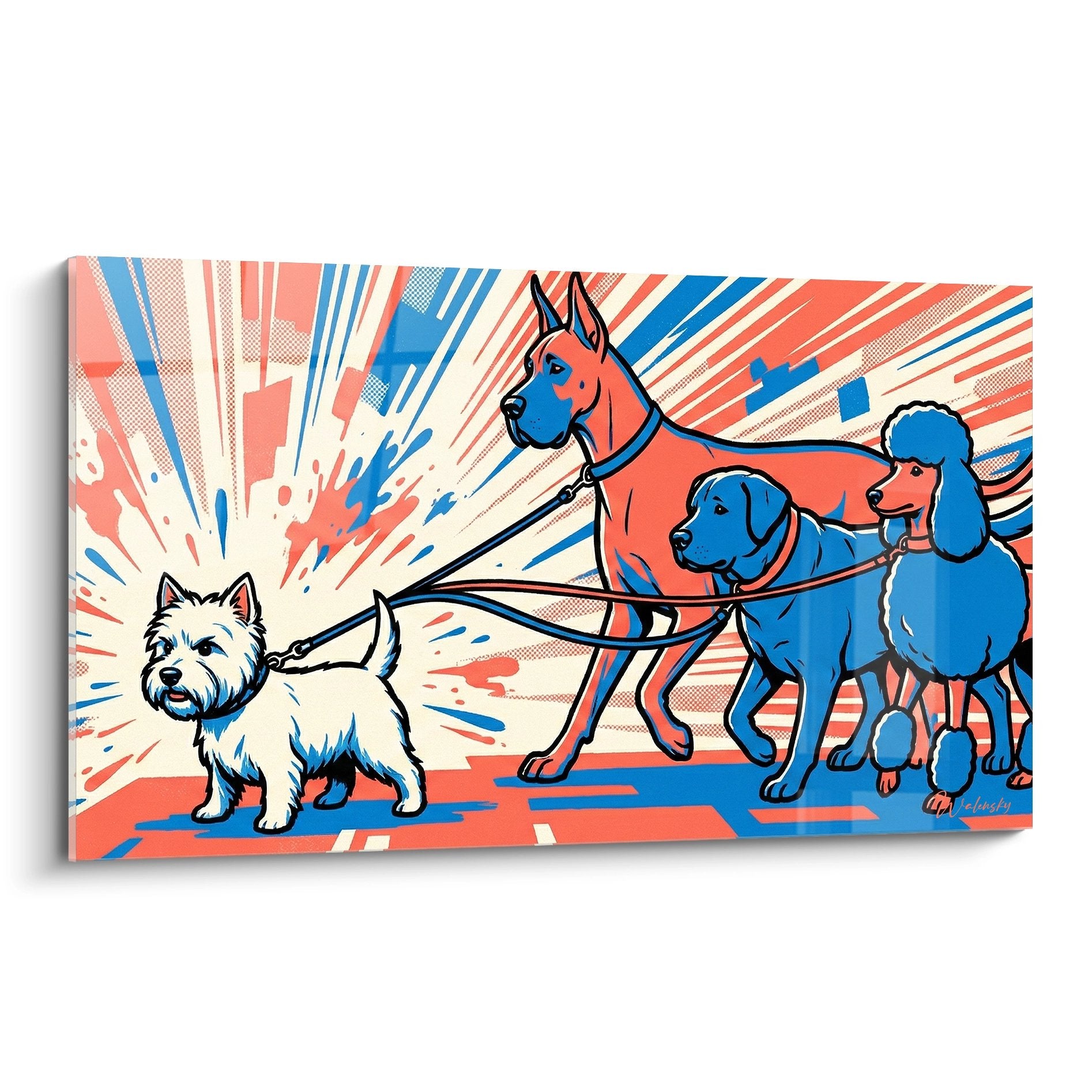 Tableau style bande dessinée montrant quatre chiens colorés en promenade sur fond de rayons dynamiques rouge et bleu