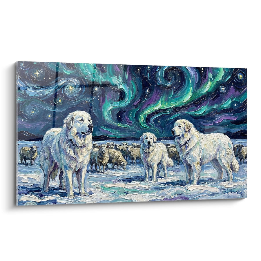 Tableau Chiens Bergers Gardant Troupeau sous Ciel Étoilé Tourbillonnant - Gardiens Nocturnes - Edition Montagne des Pyrénées