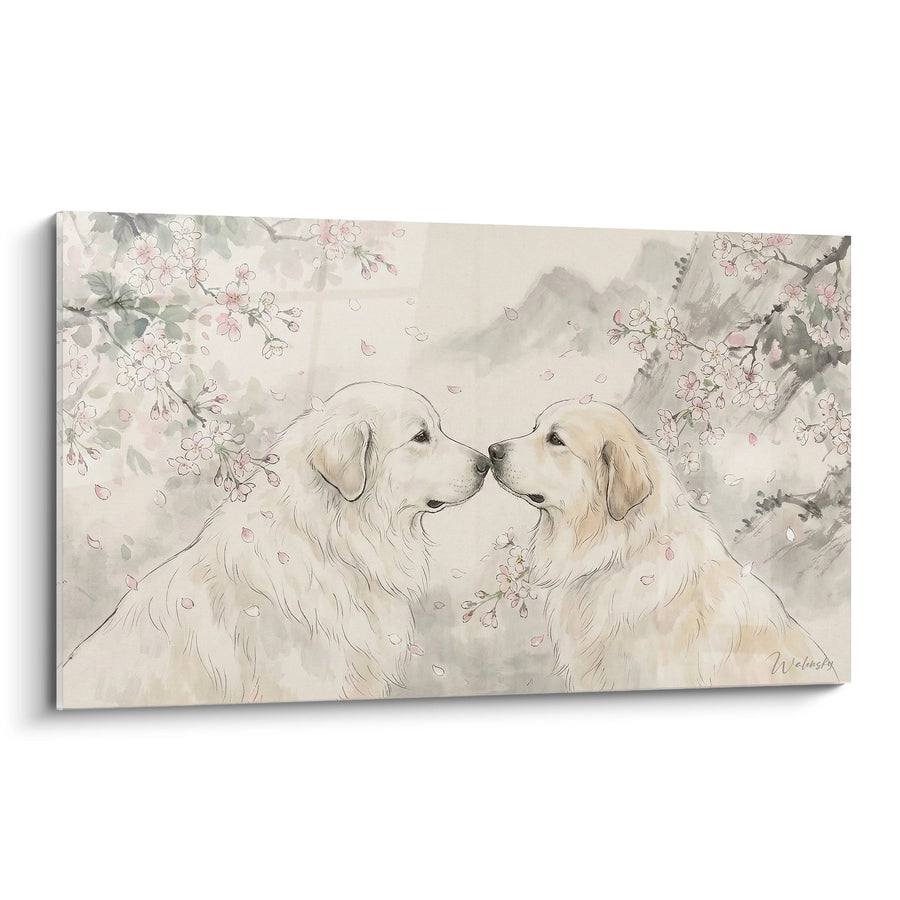 Tableau Deux Chiens Blancs sous Cerisiers en Fleurs - Tendresse Printanière - Edition Montagne des Pyrénées