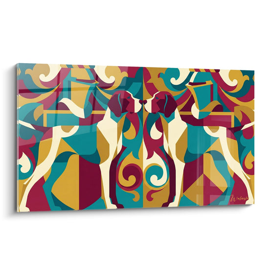 Artistic painting featuring two stylized dogs in colorful geometric shapes with burgundy red and turquoise tones