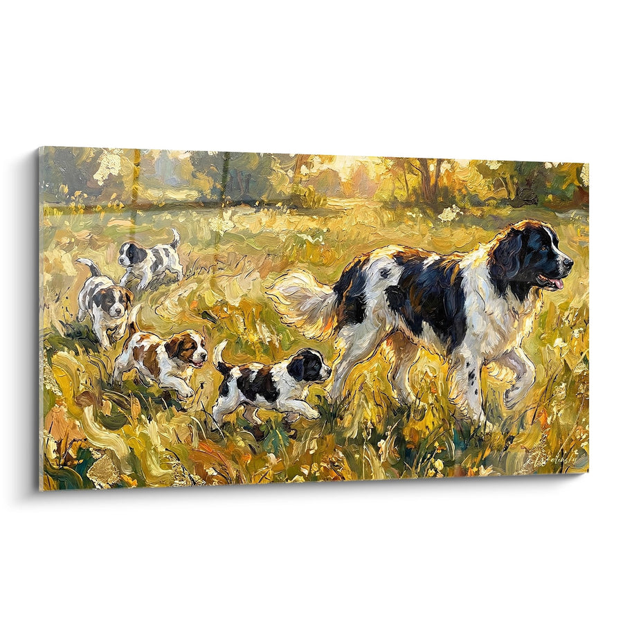 Obraz Psy Rasa Landseer, Szczenięta na Zachodnim Wiejsku z Osłonięciem Złotych Odcieni - Rodzinna Współczesność - Edycja Landseer