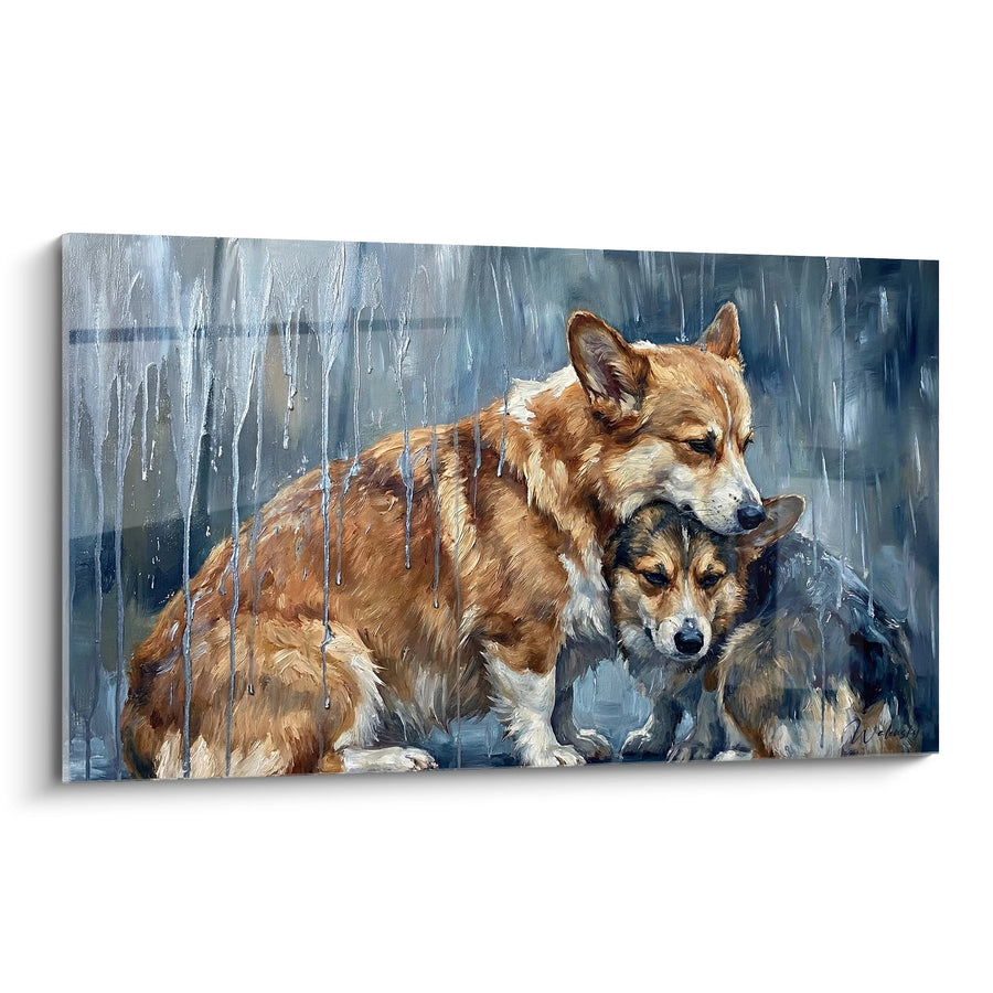 Tableau Deux Chiens sous la Pluie Protection Mutuelle - Tendresse Canine - Edition Corgi Pembroke