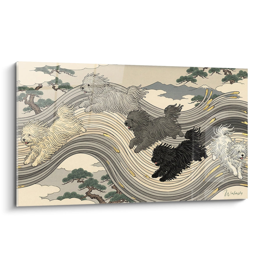 Tableau Chiens Puli dans les Vagues Stylisées - Tempête Marine - Edition Puli