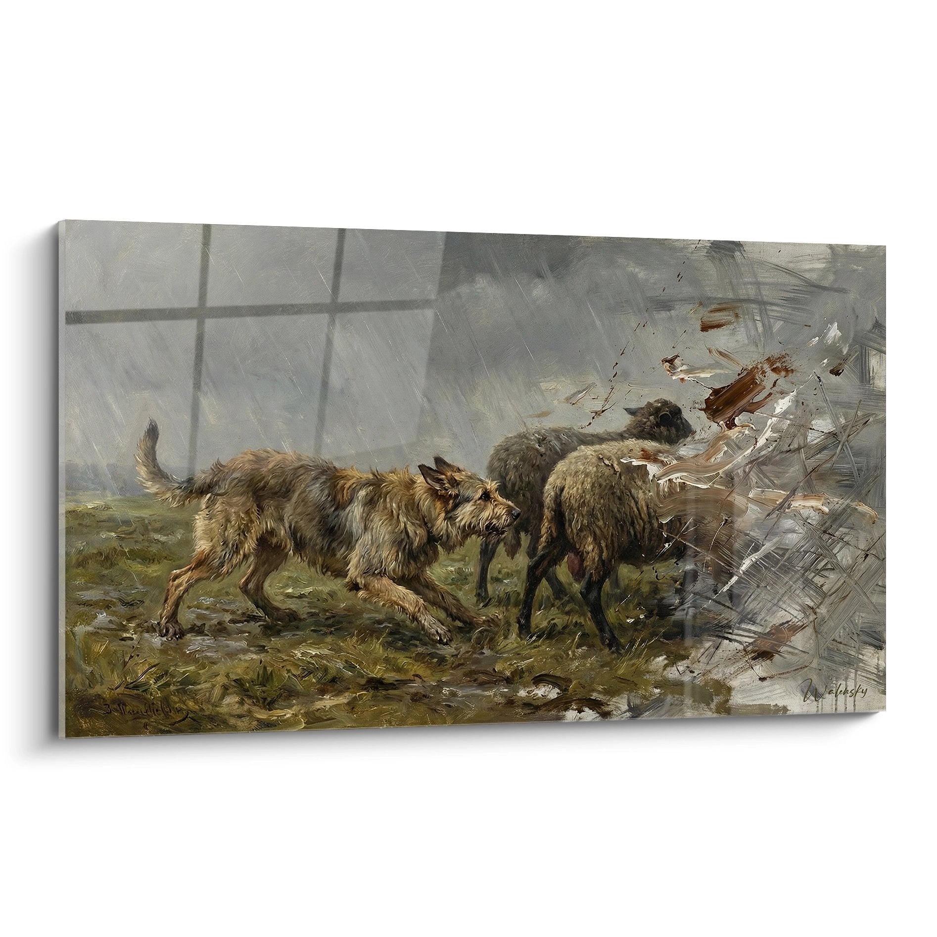 Tableau dramatique montrant trois chiens courage affrontant tempête tons ocre brun art animalier expressif berger picard
