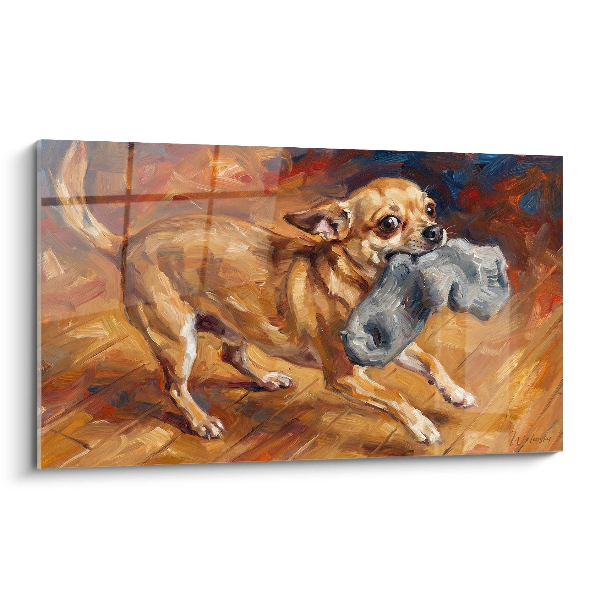 Tableau chihuahua beige tenant jouet gris peinture expressionniste tons chauds ocre orange art animalier