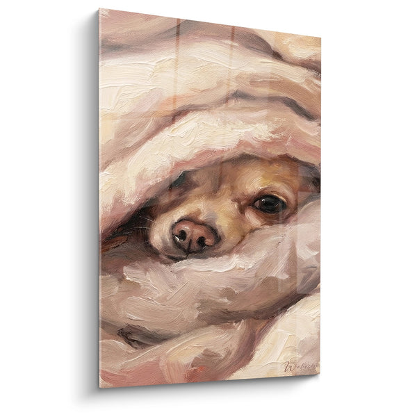 Cuadro del Chihuahua Acurrucado en Mantas Rosadas - Cocon de Ternura - Edición Cuadro Chihuahua