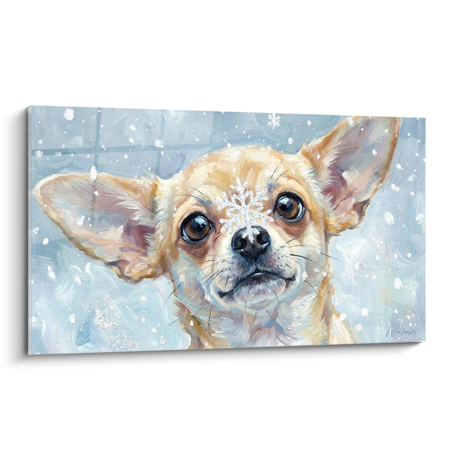 Tableau Chihuahua Crème aux Yeux Bleus dans la Neige - Portrait Hivernal Touchant - Edition Tableau Chihuahua